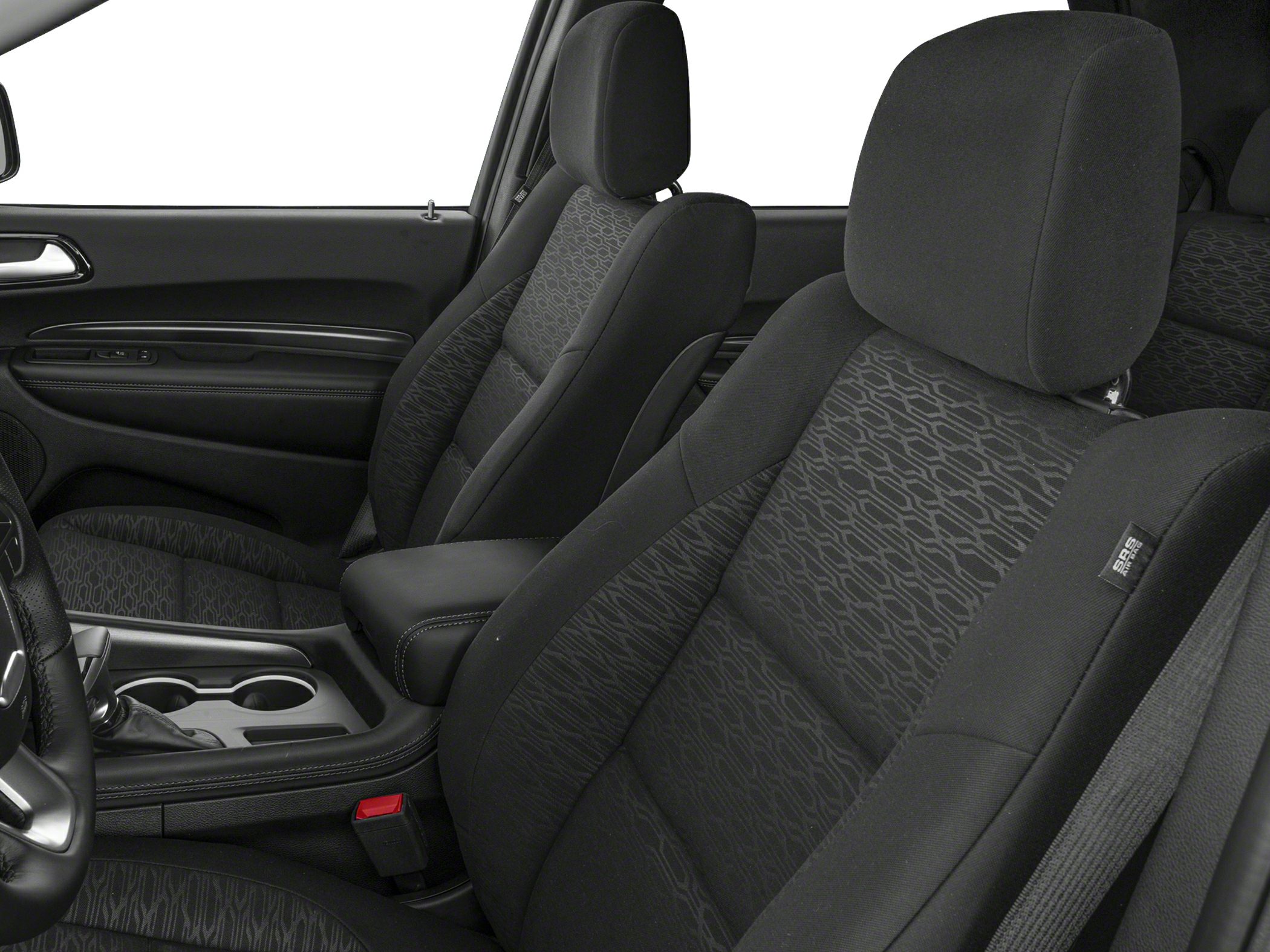 Front seats with patterned fabric upholstery and center console