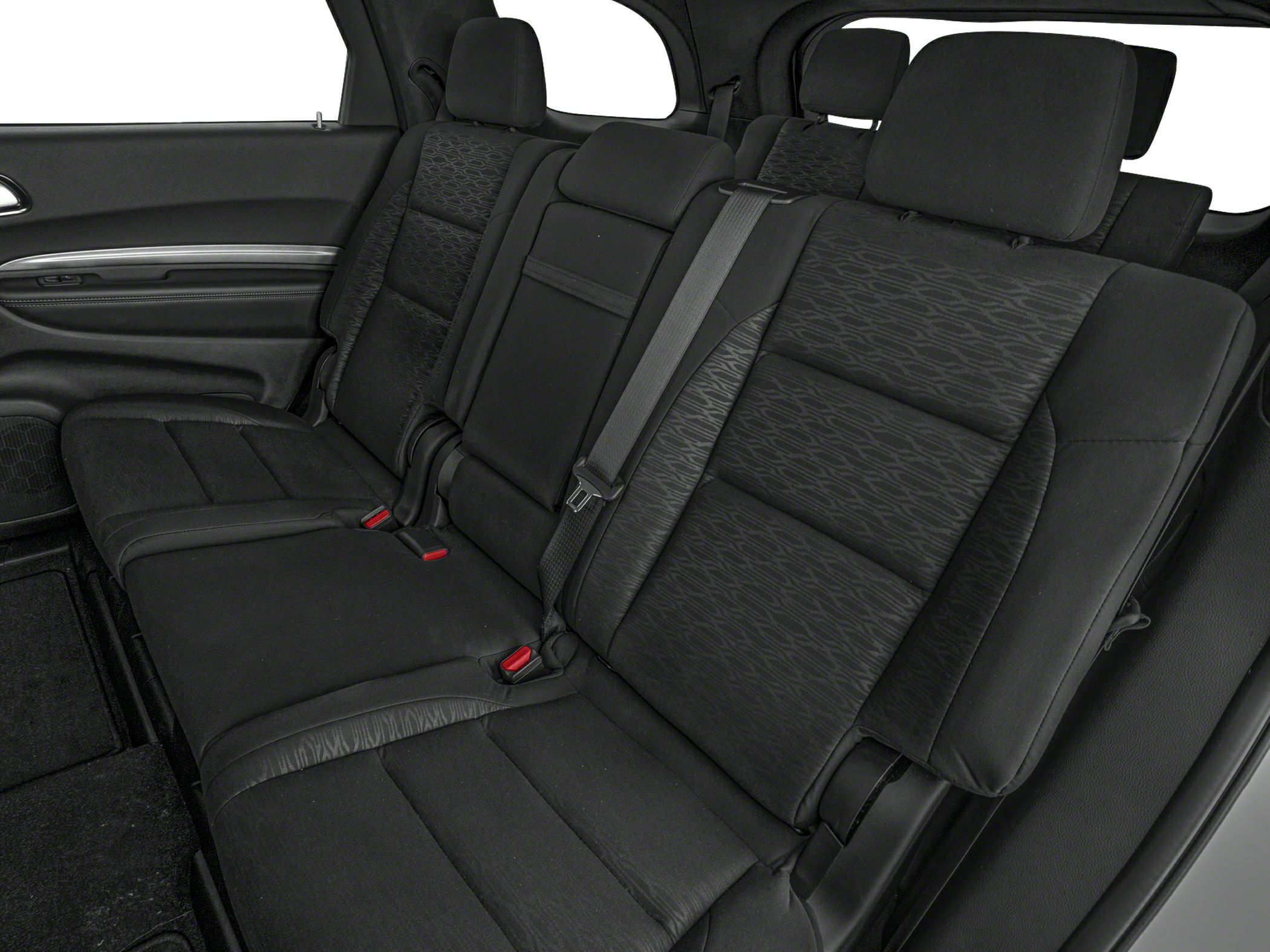 Rear seat fabric upholstery and seatbelt of a modern SUV interior