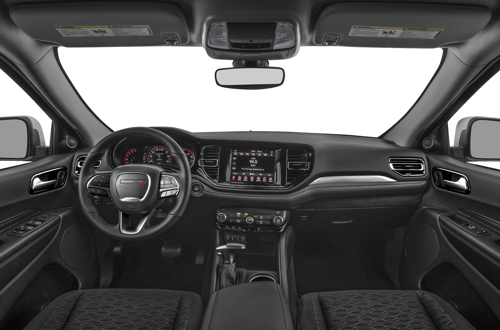 Interior dashboard with infotainment screen and multifunction steering wheel