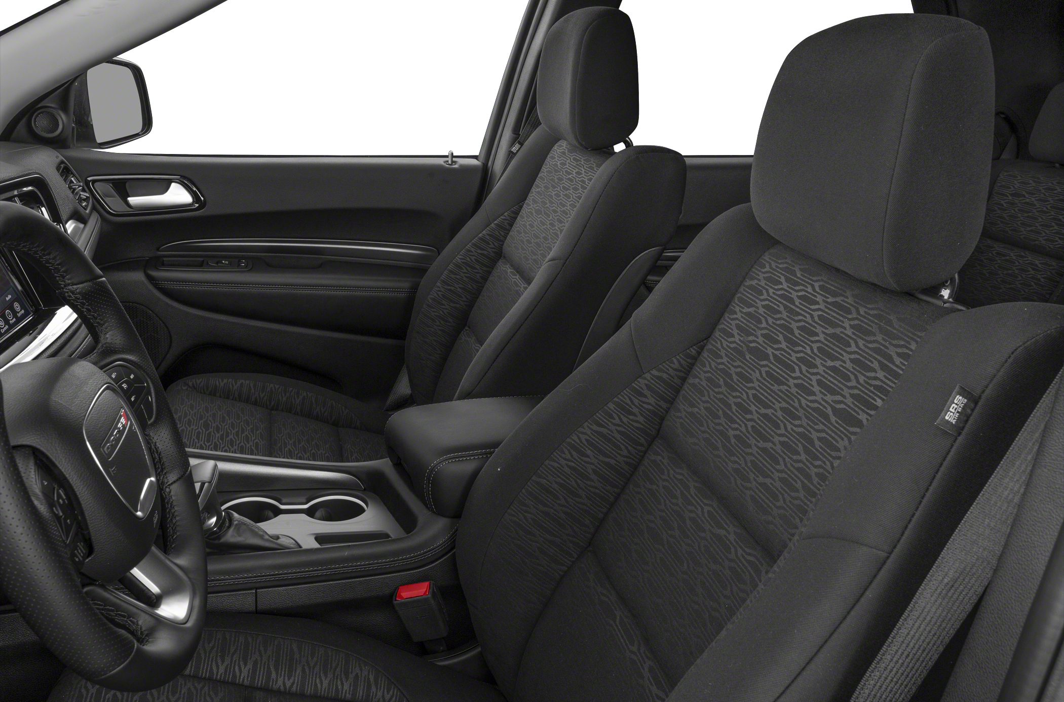 Fabric patterned front seats and steering wheel in black interior