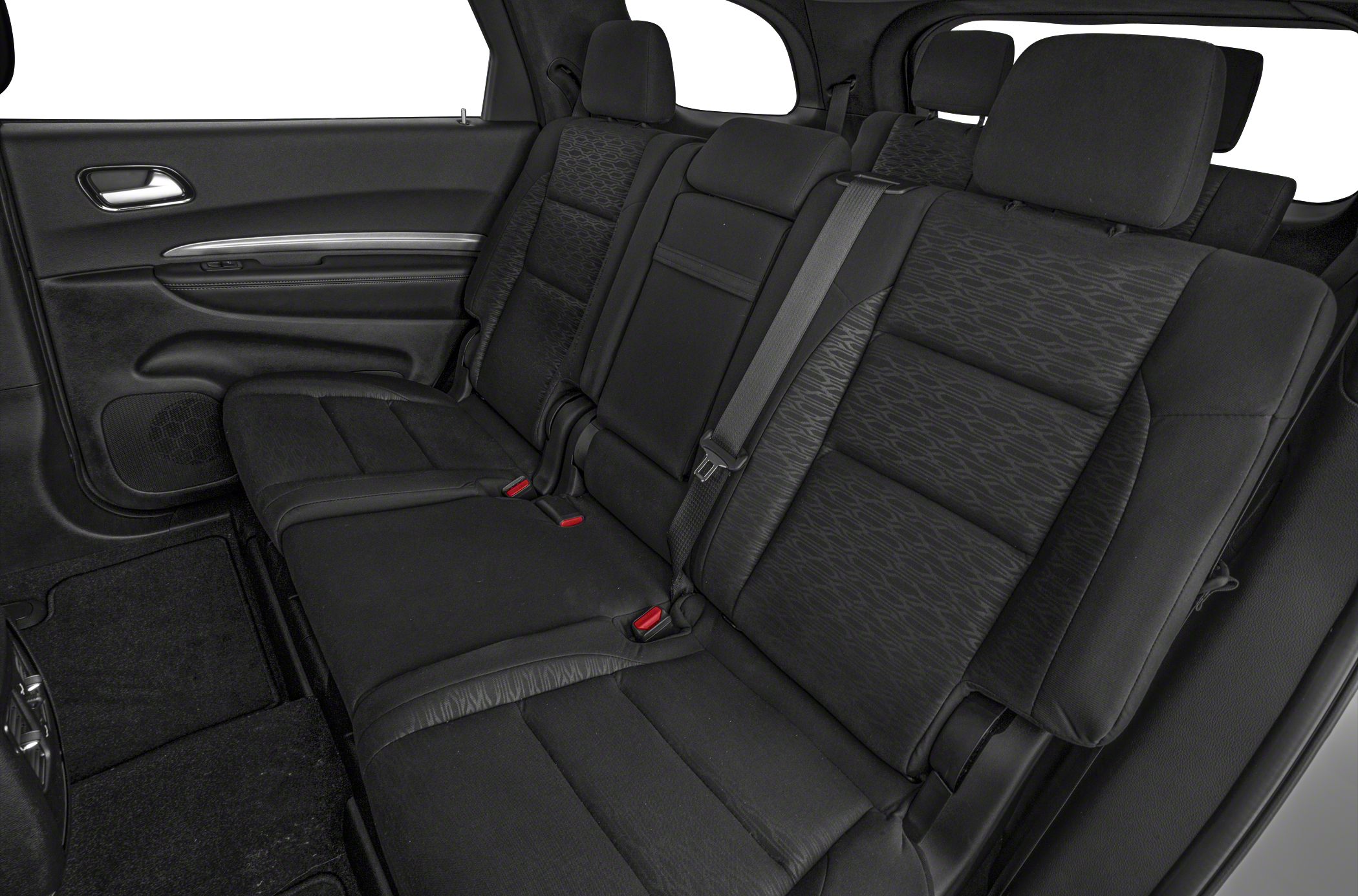 Black textured fabric rear seats with integrated headrests and seatbelt.