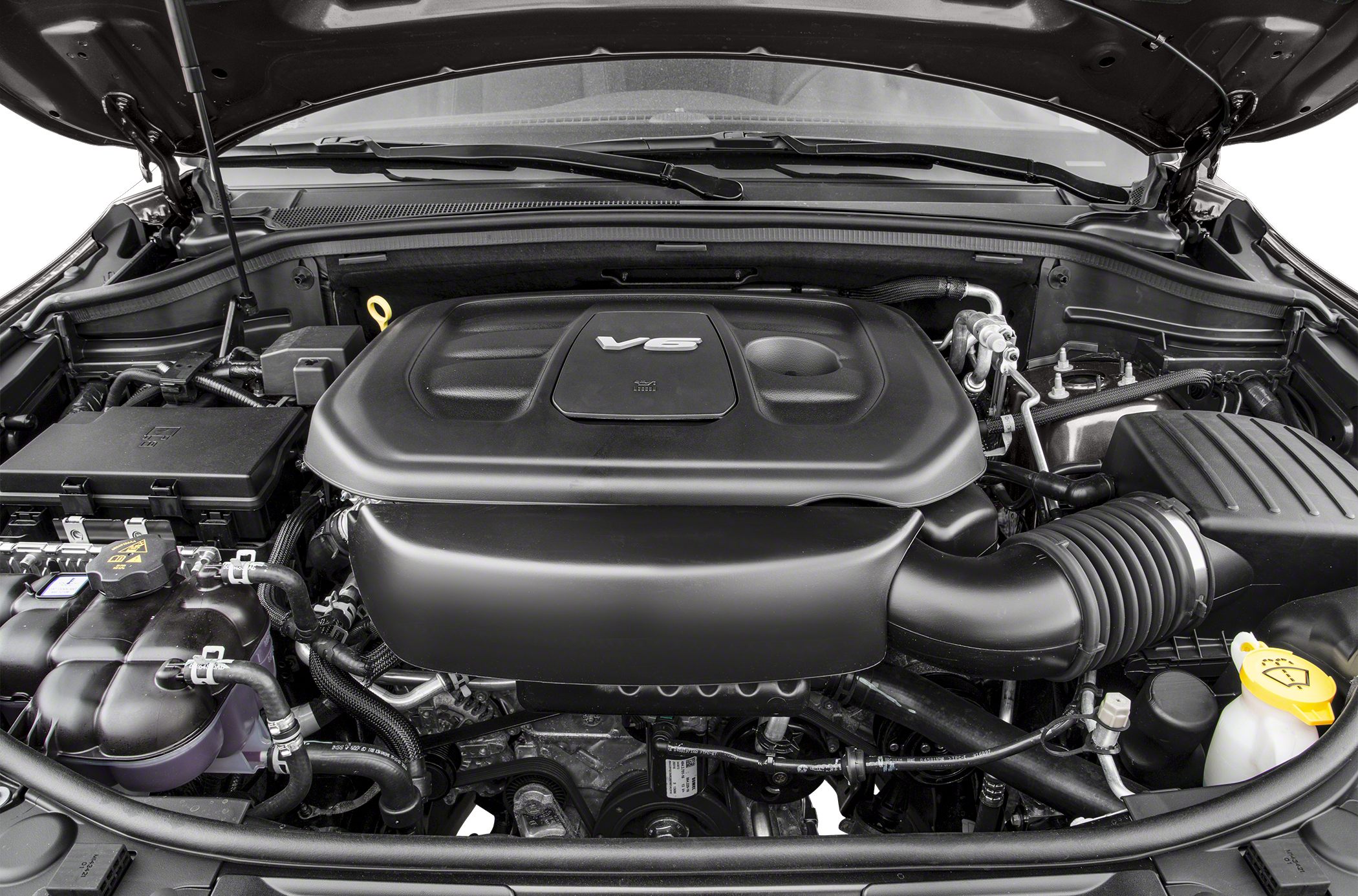 V6 engine with prominent air intake system in SUV engine bay