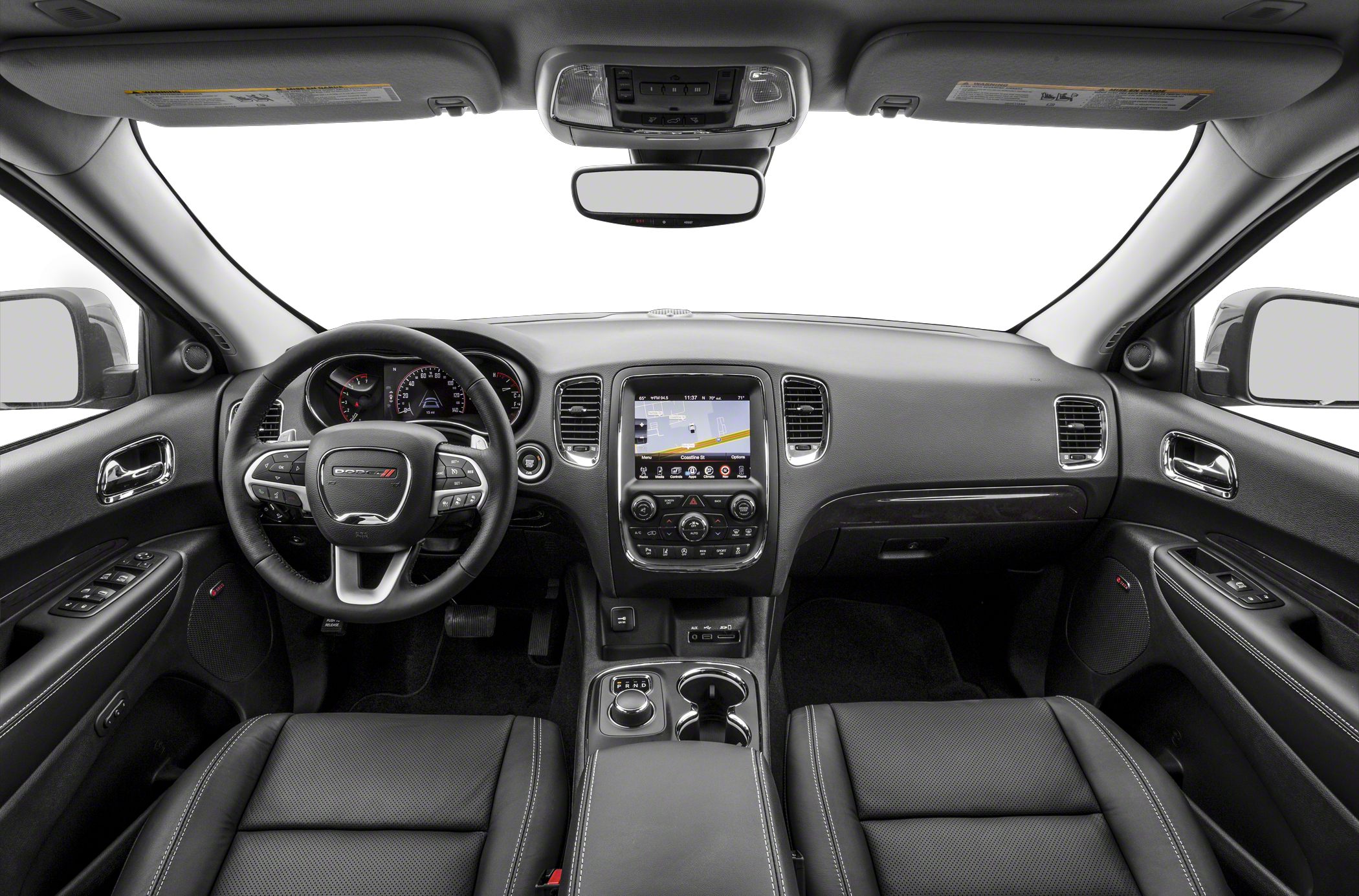 Modern SUV interior with touchscreen display and multifunction steering wheel