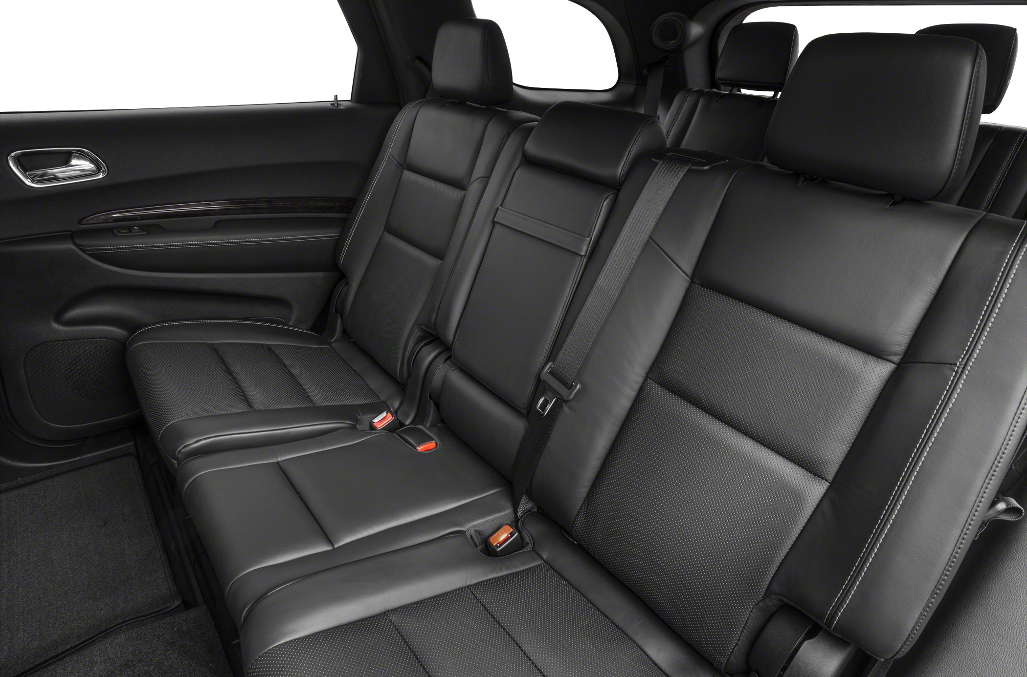 Black leather rear bench seats with perforated upholstery and white stitching