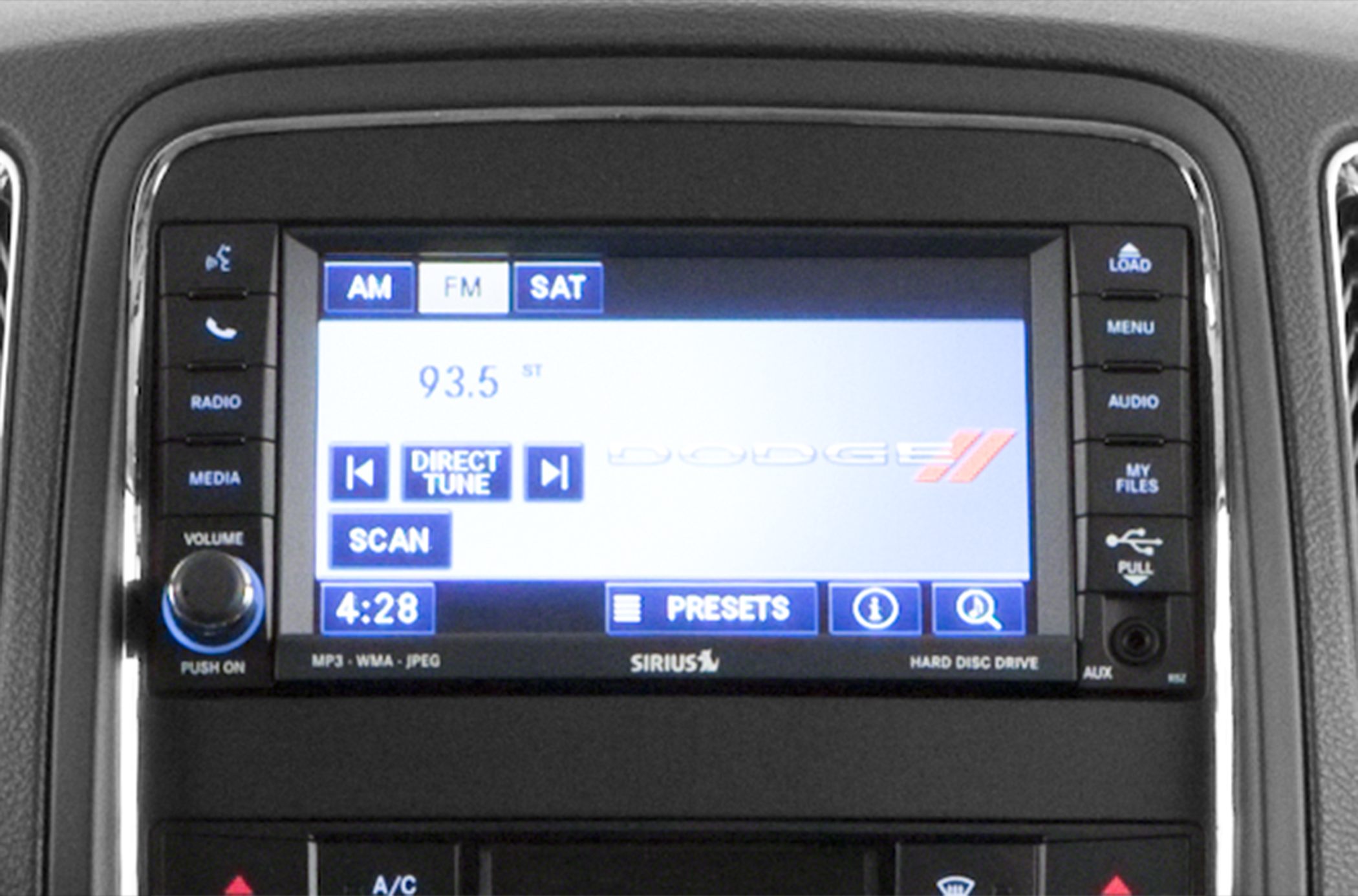 Car radio display with AM/FM/SAT options and control buttons