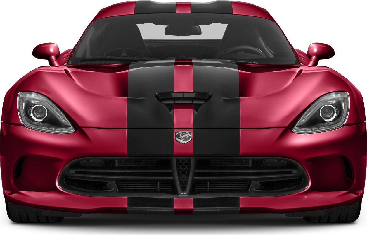 Front view showing aggressive hood and black racing stripes