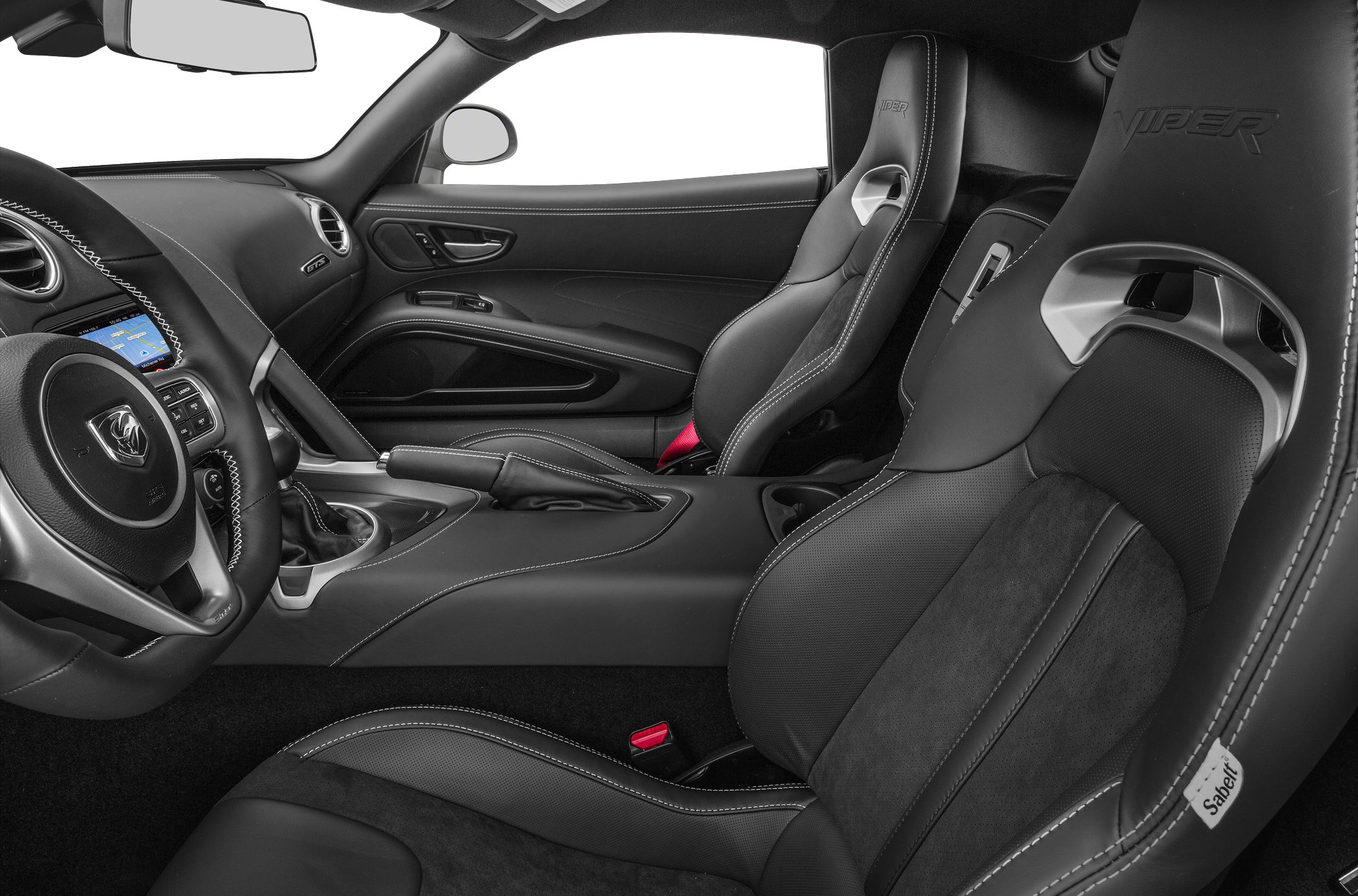 Sabelt racing seats and manual gearshift in a sports car interior