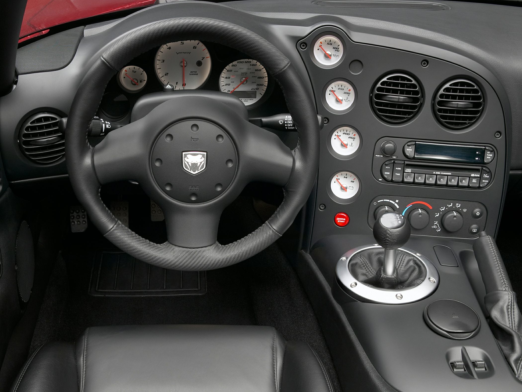 Steering wheel, dashboard gauges, manual transmission gear shift in car interior