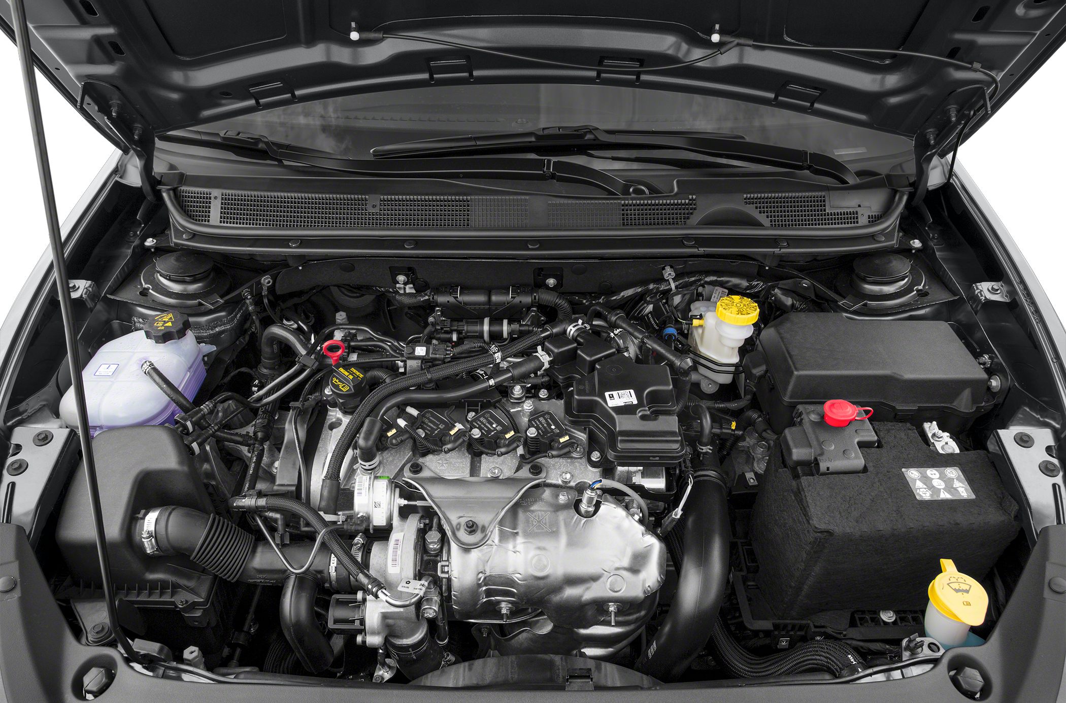 Detailed engine compartment with major components and fluid reservoirs