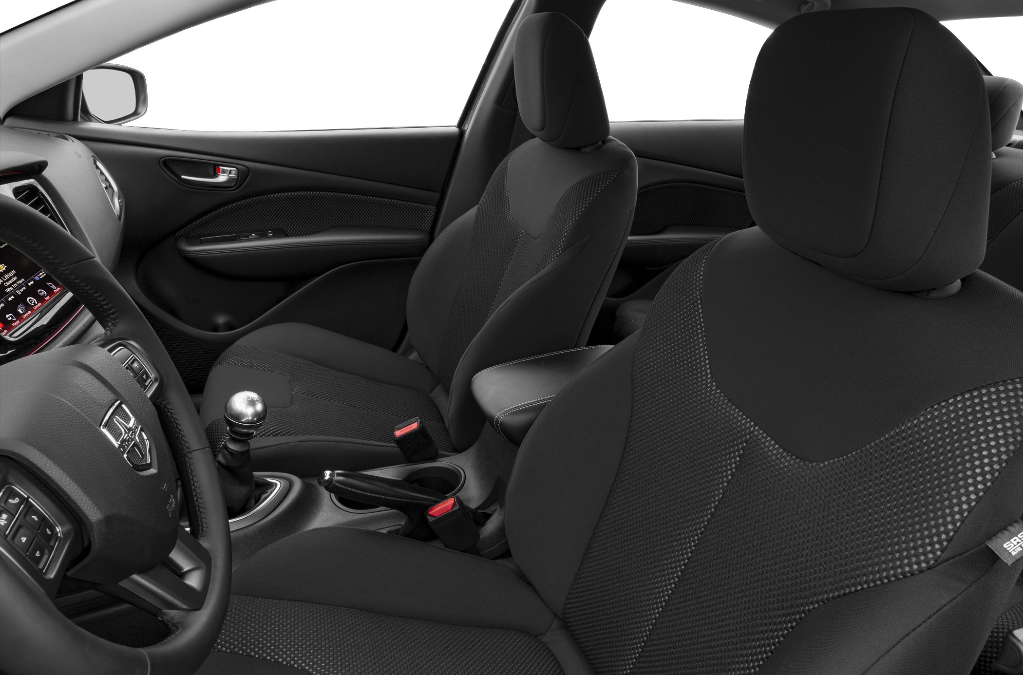 Black fabric front seats and manual gear shift in car interior
