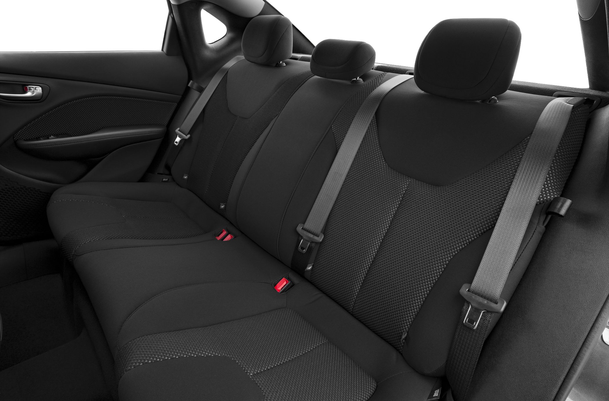 Rear seat with three headrests and seatbelts in black fabric upholstery