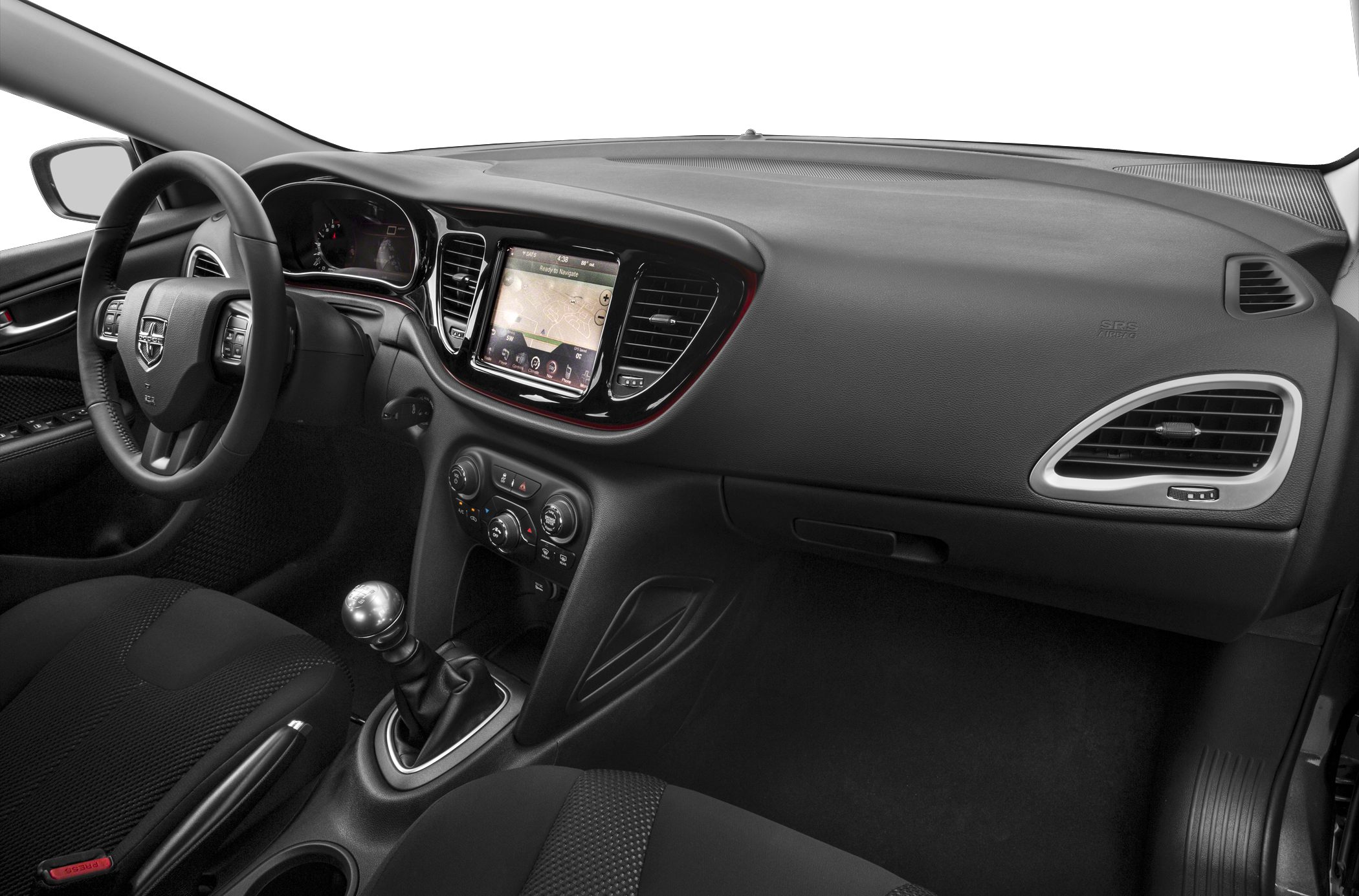 Dashboard with touchscreen infotainment and manual shift lever