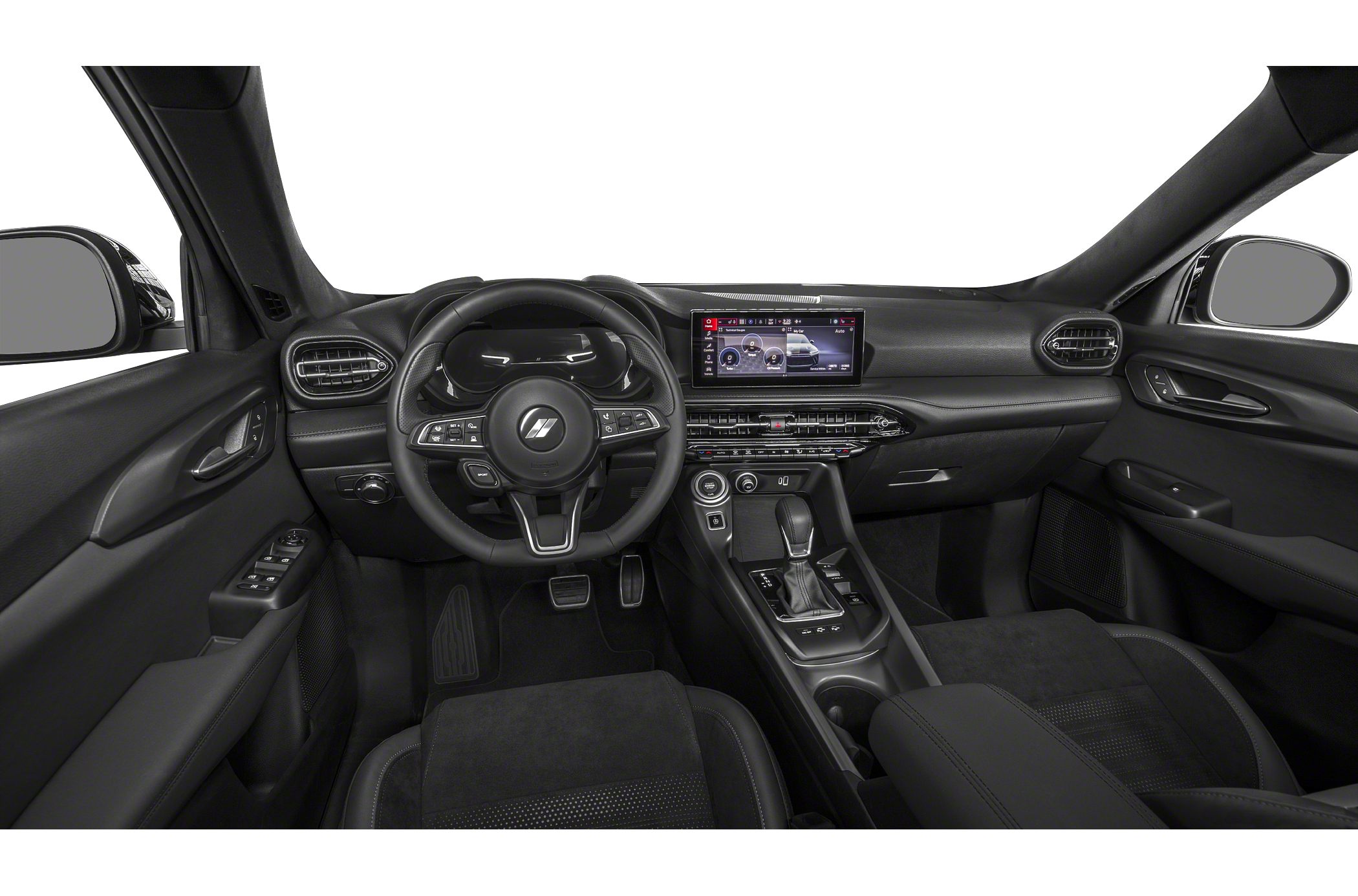 Digital dashboard and touchscreen center console with ergonomic steering wheel controls