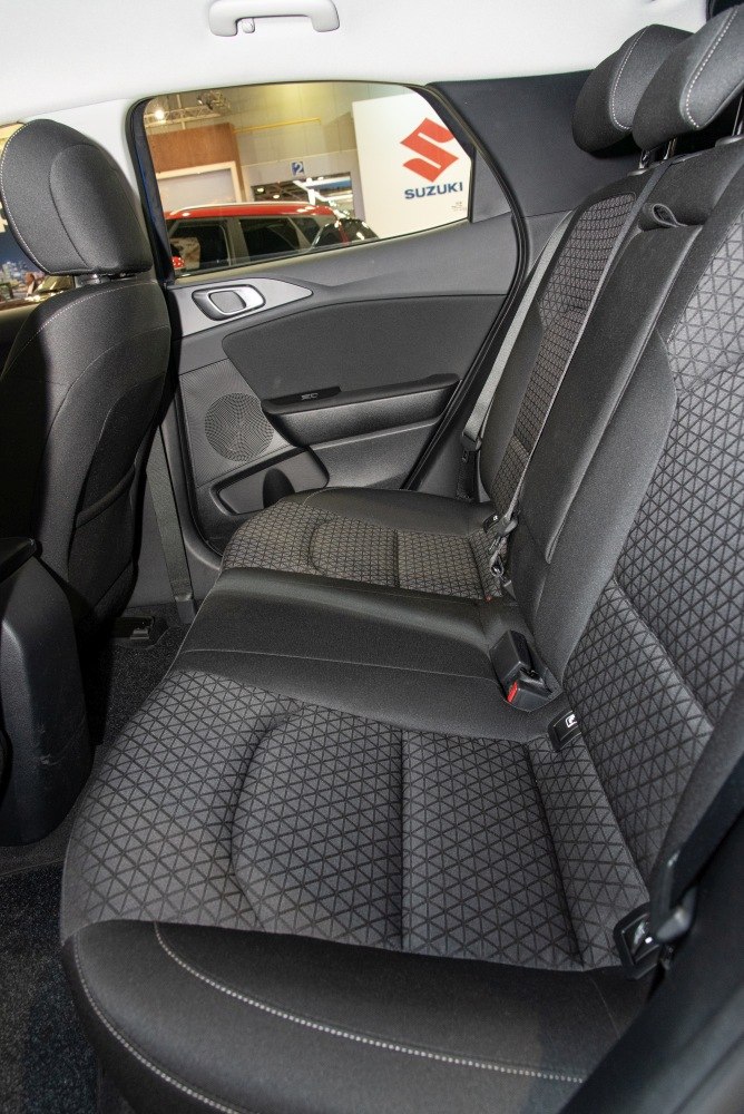 Rear seat with patterned upholstery and spacious layout