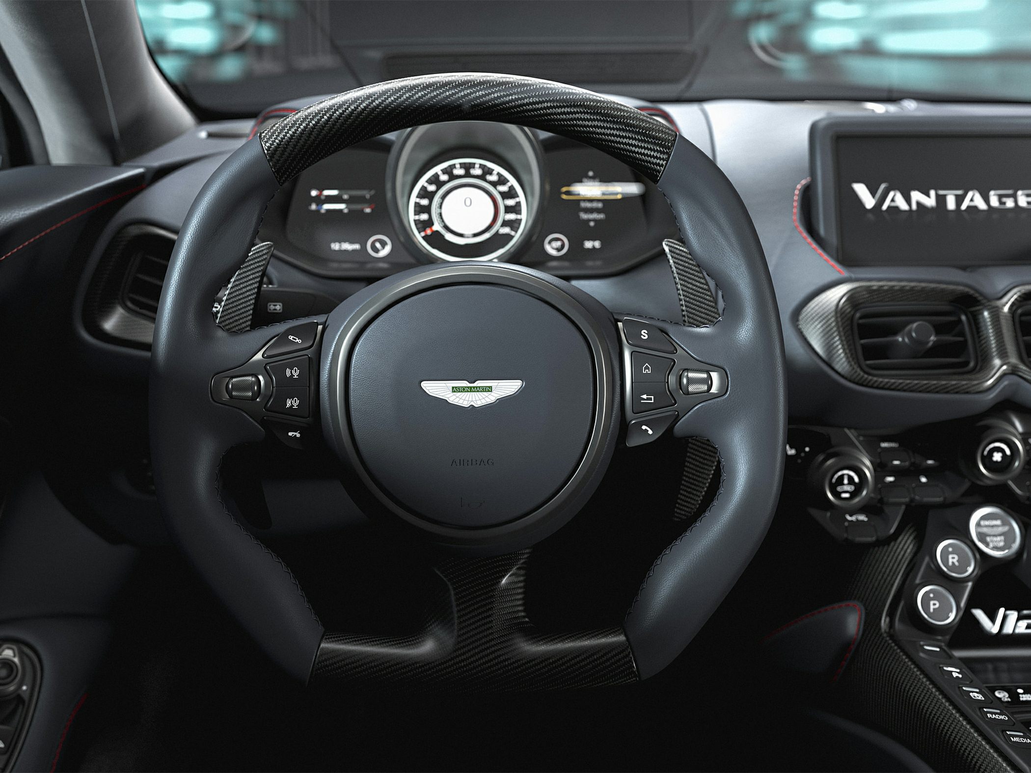 Luxury carbon fiber steering wheel with digital dashboard and paddle shifters