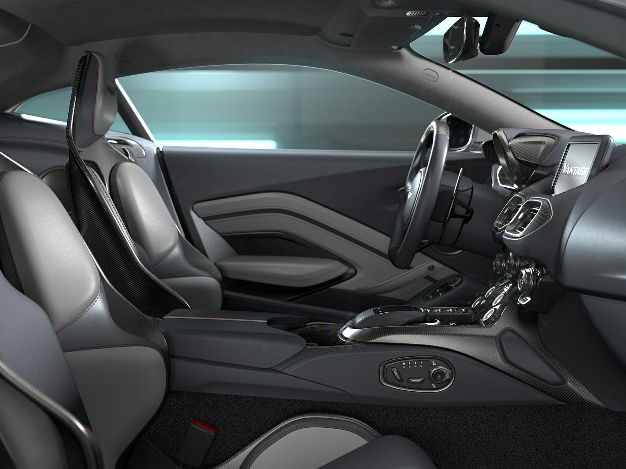 Modern luxury sports car interior with carbon fiber and advanced controls
