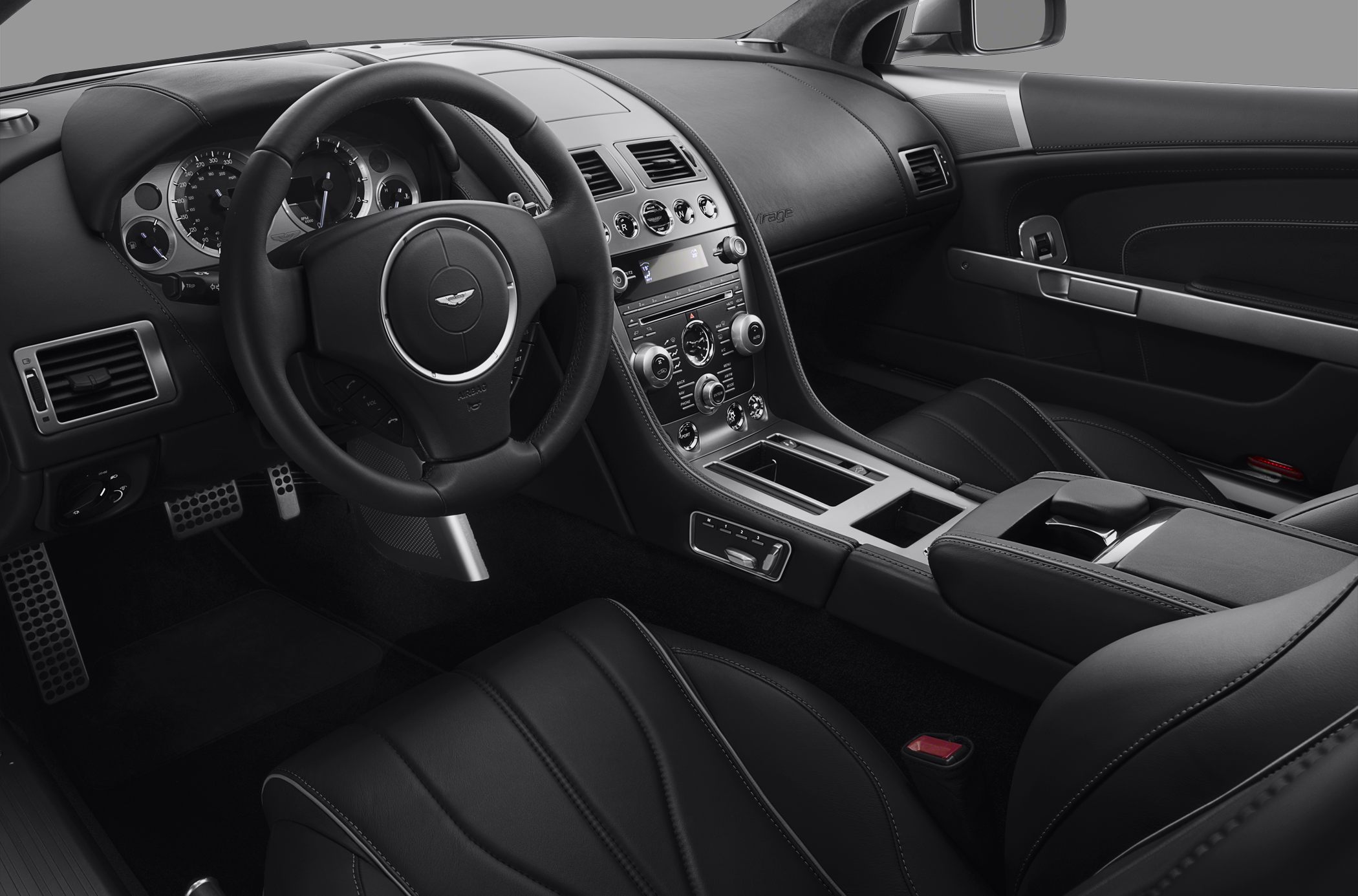 Luxurious dashboard and steering wheel with leather seats and controls