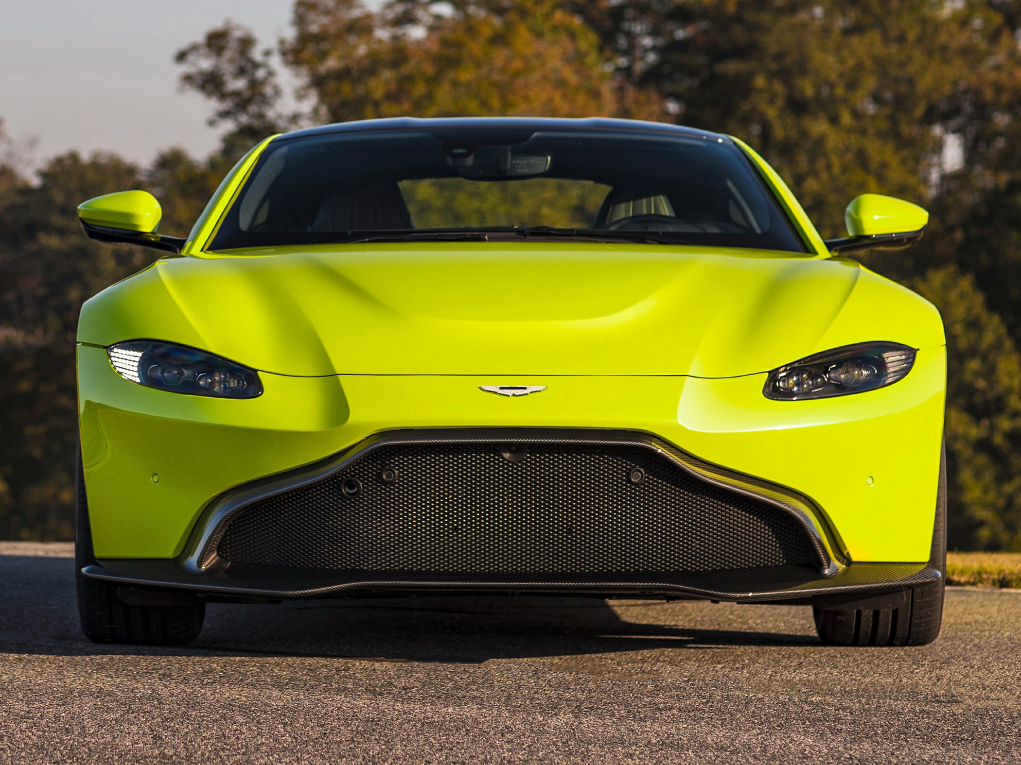 Front view of sleek headlights and bold grille