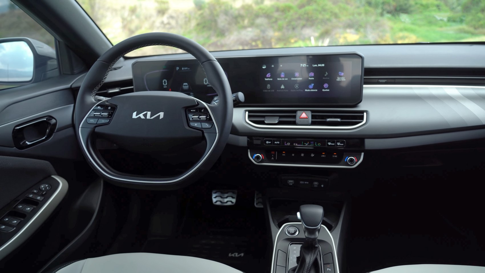 Digital dashboard and multifunction steering wheel in car interior
