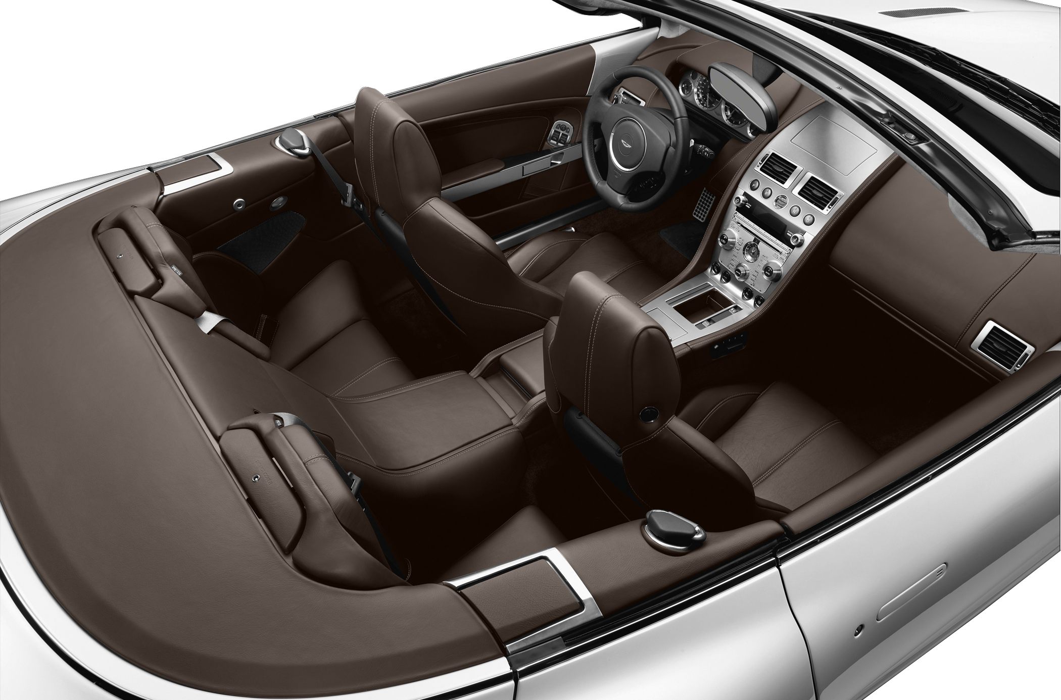 Luxury convertible interior with brown leather seats and modern dashboard design