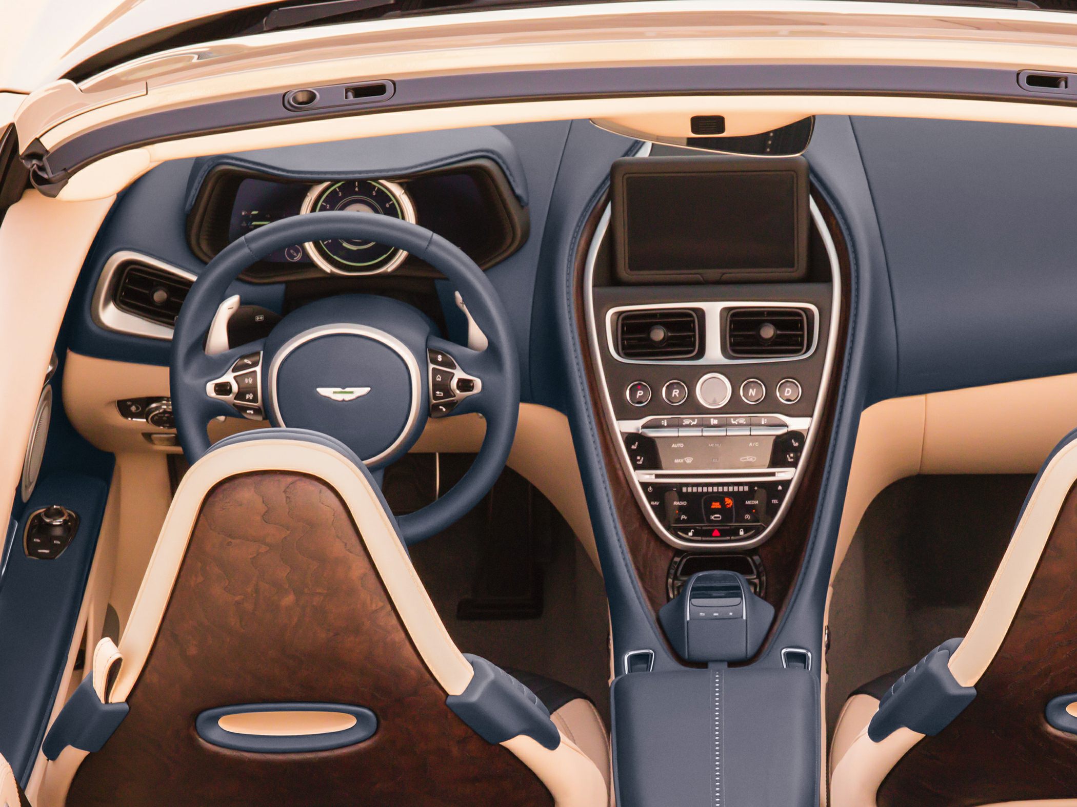 Luxury convertible dashboard and leather steering wheel with wood trim