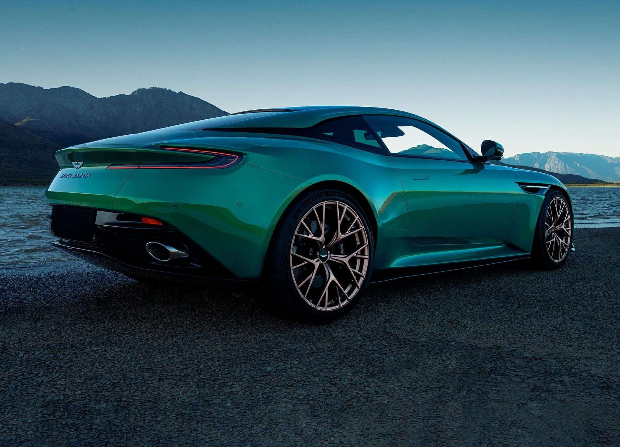 Rear and side profile with aerodynamic curves, taillights, and sporty rims