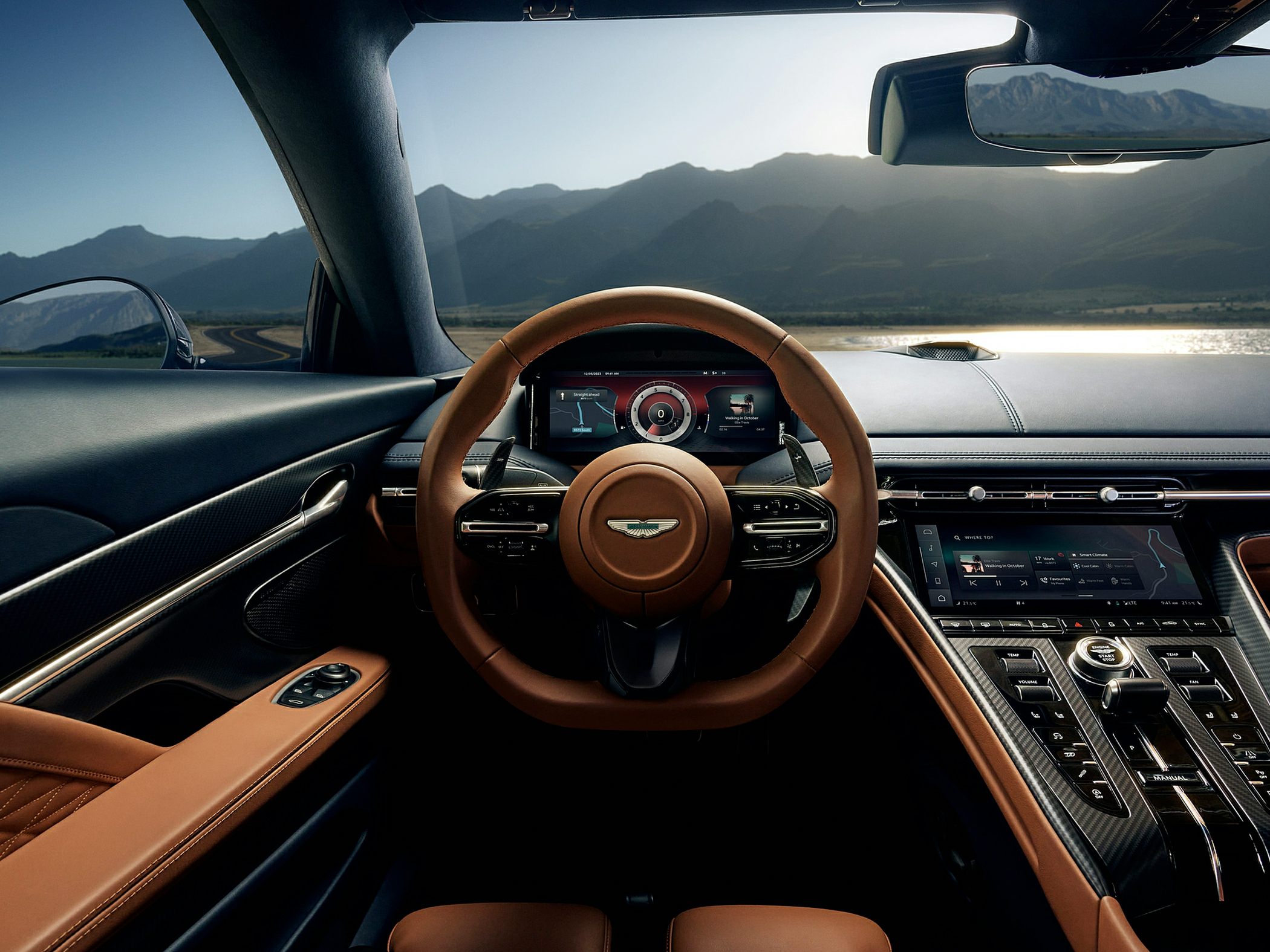 Luxurious dashboard and steering wheel with digital displays and premium materials