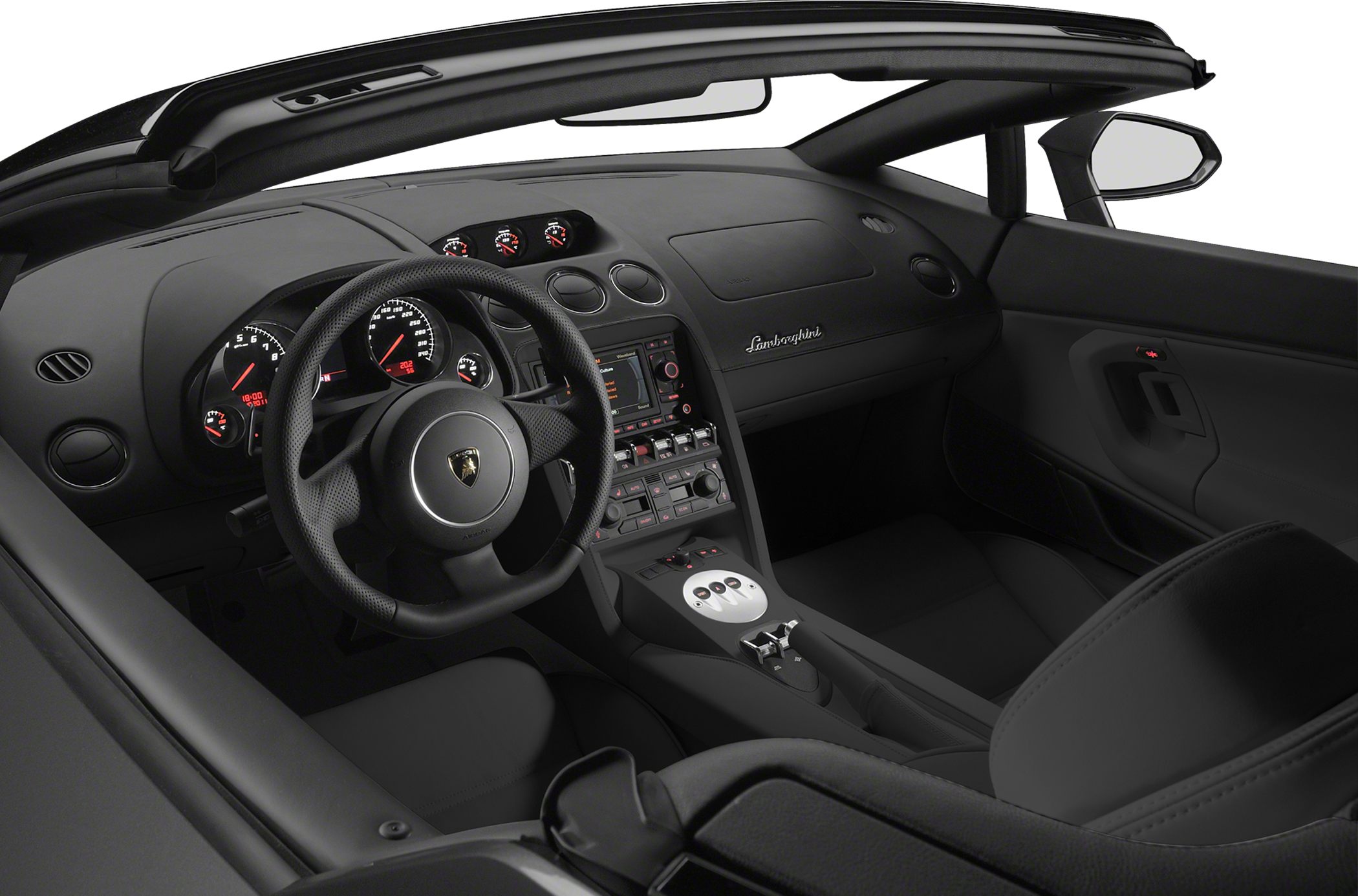 Convertible car interior with detailed dashboard and steering wheel