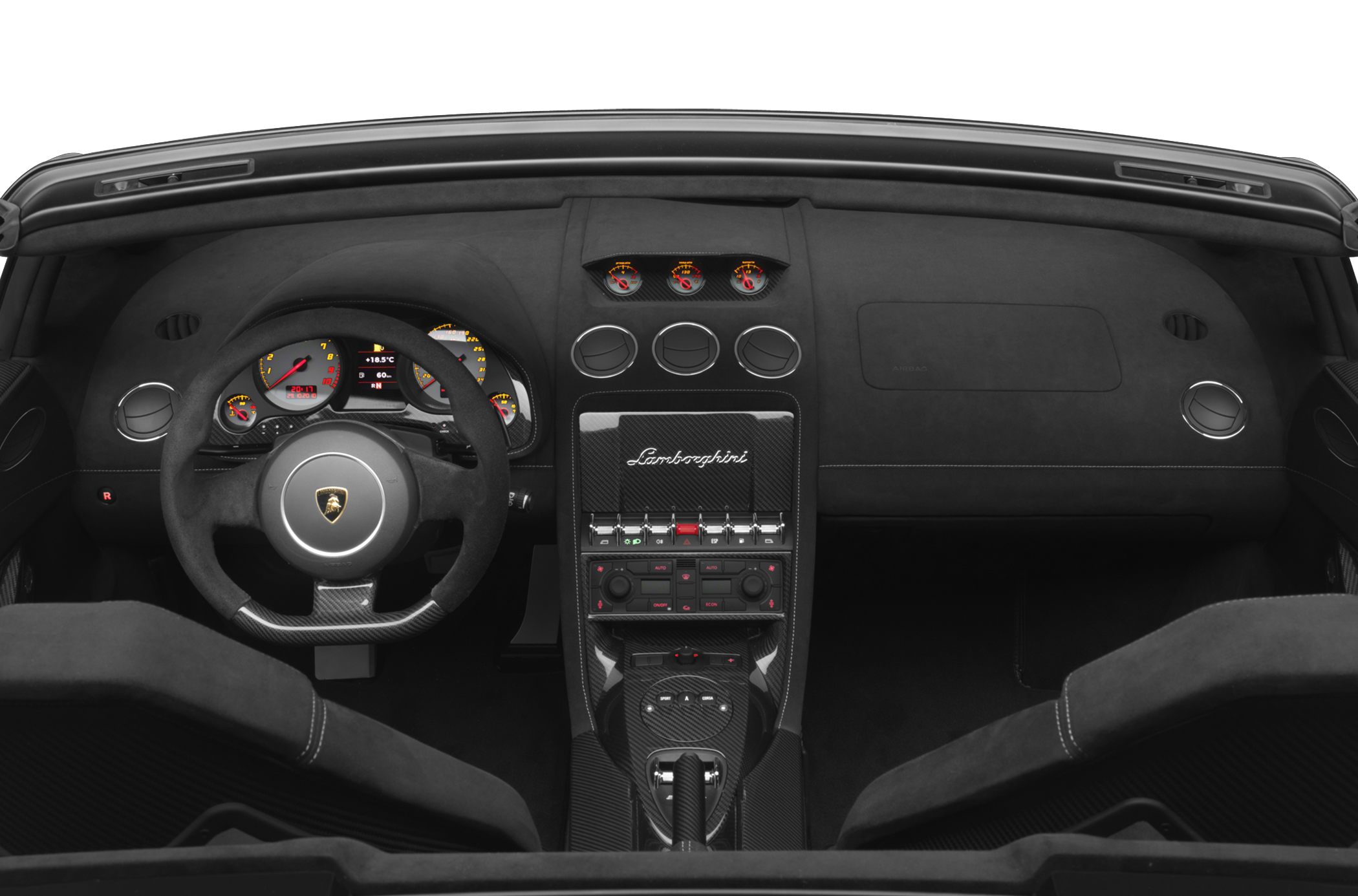 Sporty dashboard with carbon fiber trim, gauges, and multifunction steering wheel
