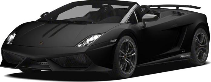 Black convertible Lamborghini Gallardo front and side view with aerodynamic design.