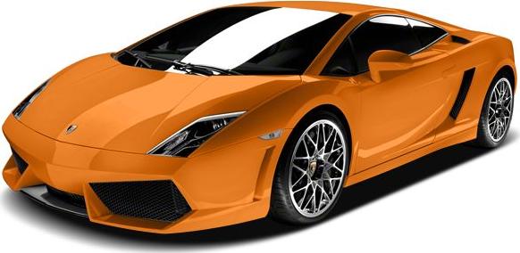 Sleek orange sports coupe with sharp front and alloy wheels.