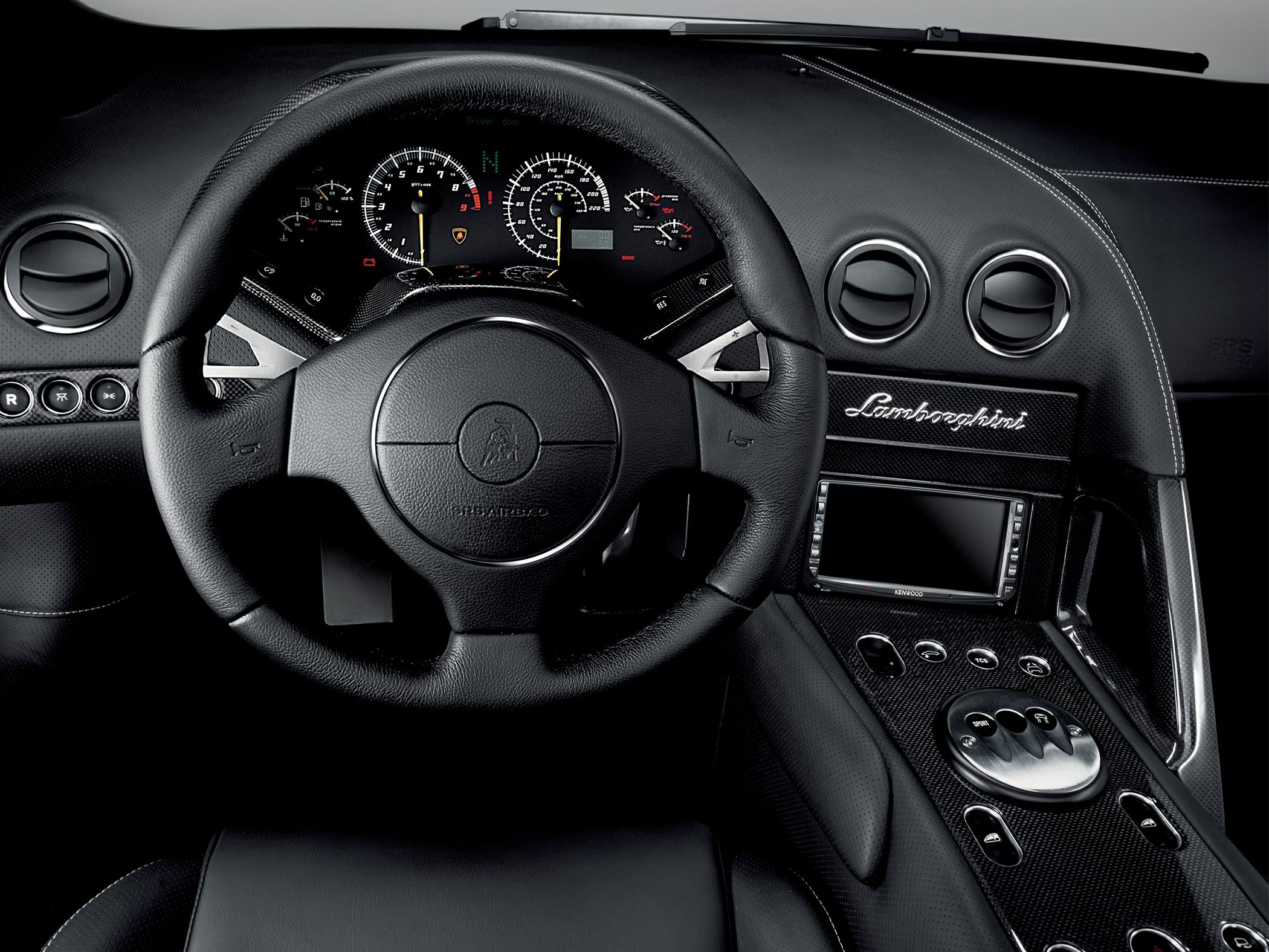 Leather steering wheel and detailed car dashboard instrumentation