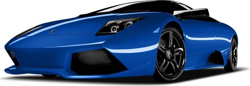 Blue sports car front view with sharp headlights and aerodynamic design