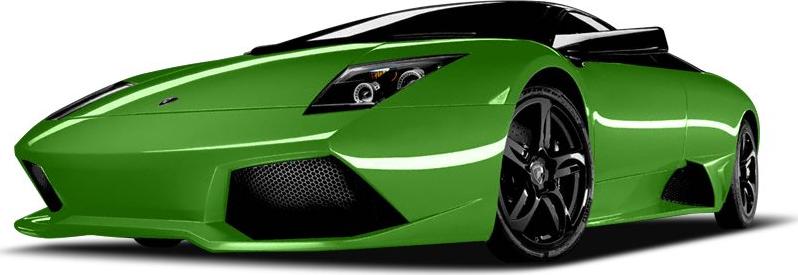 Green sports car with aggressive front design and black wheels