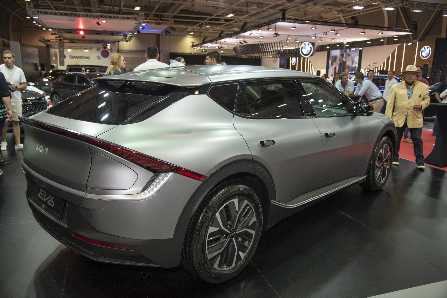 Rear and side profile of an electric SUV with aerodynamic body and LED tail lights