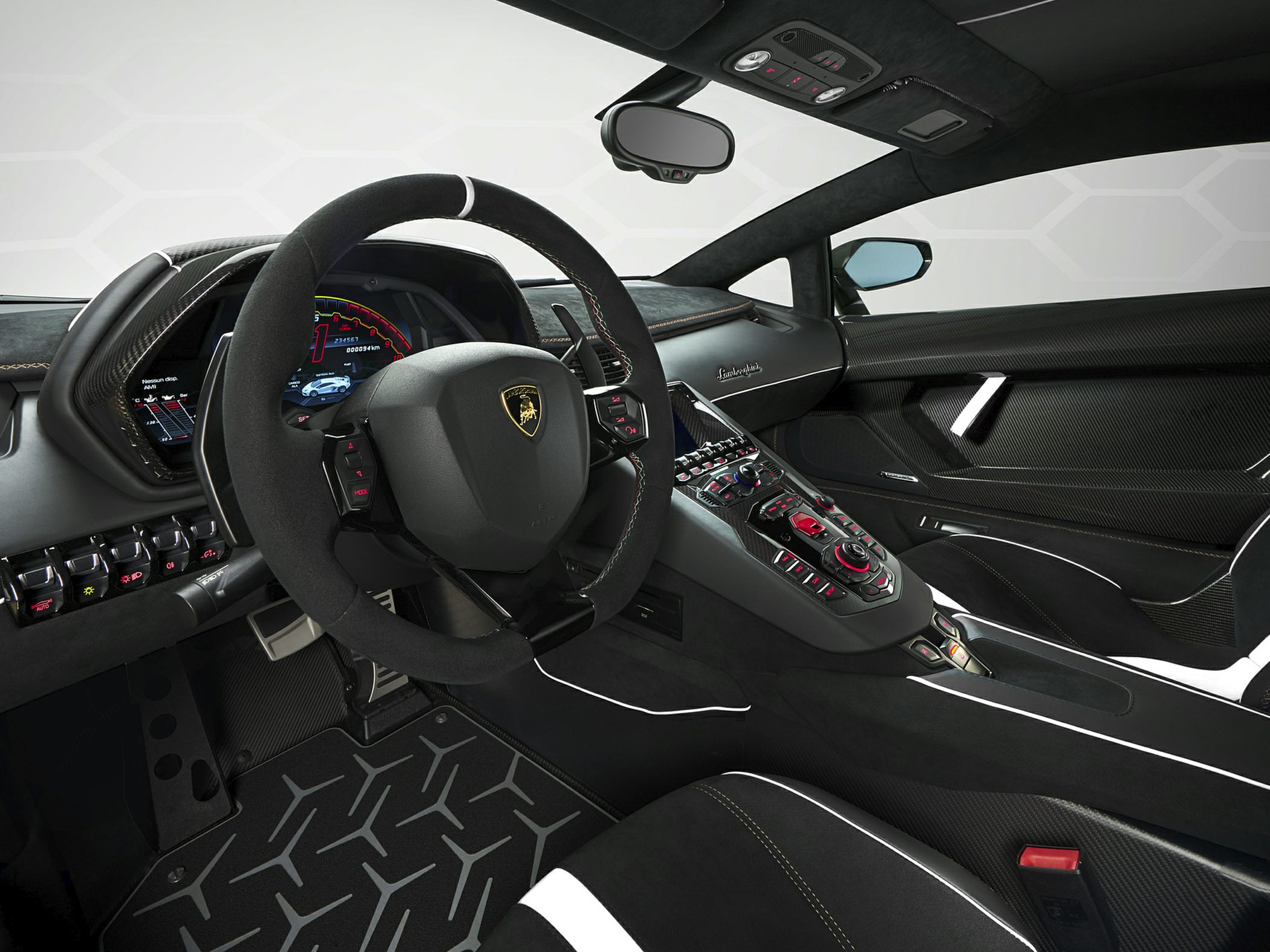 Luxury sports car interior with digital dashboard and sporty steering wheel