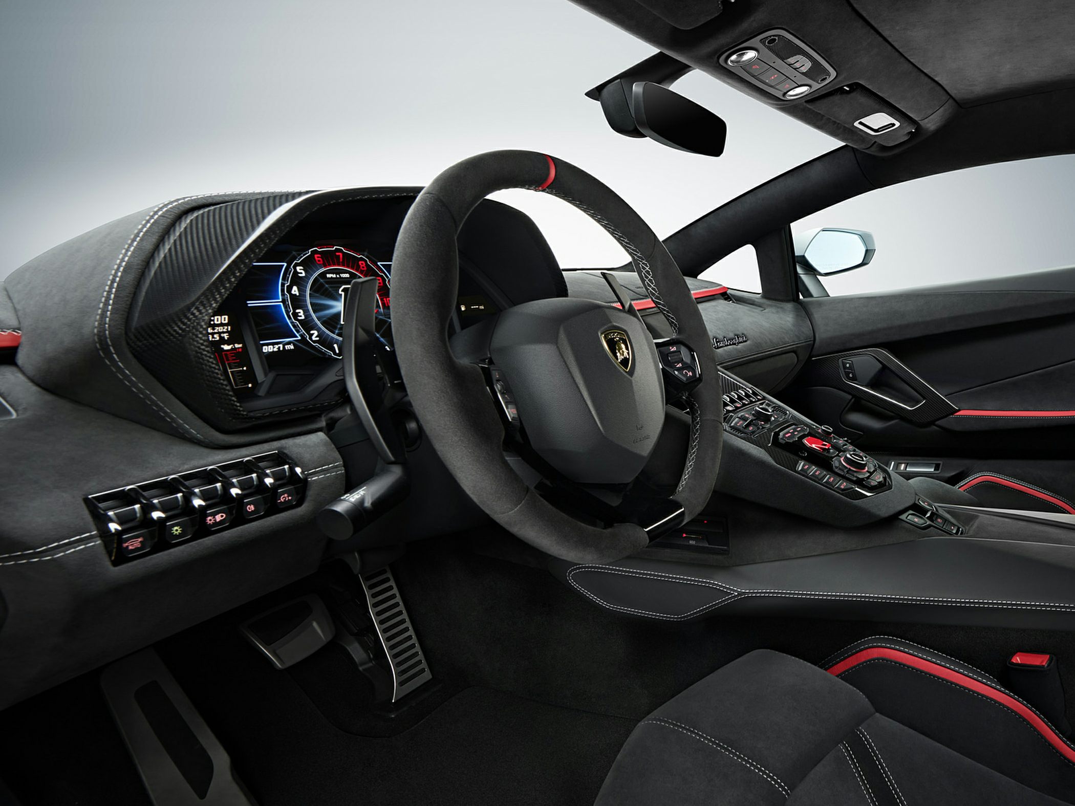 Digital dashboard and Alcantara steering wheel with paddle shifters.