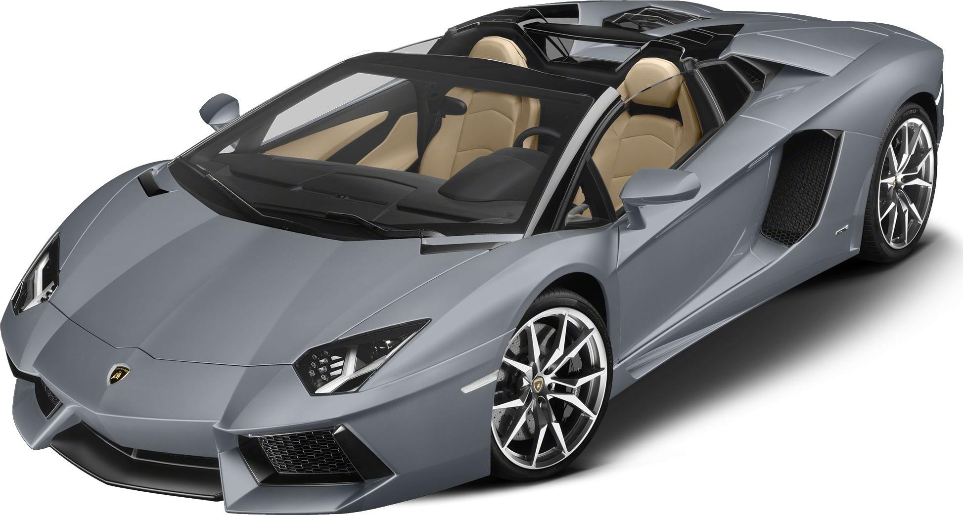 Front side view of a convertible luxury sports car with angular headlights and open roof