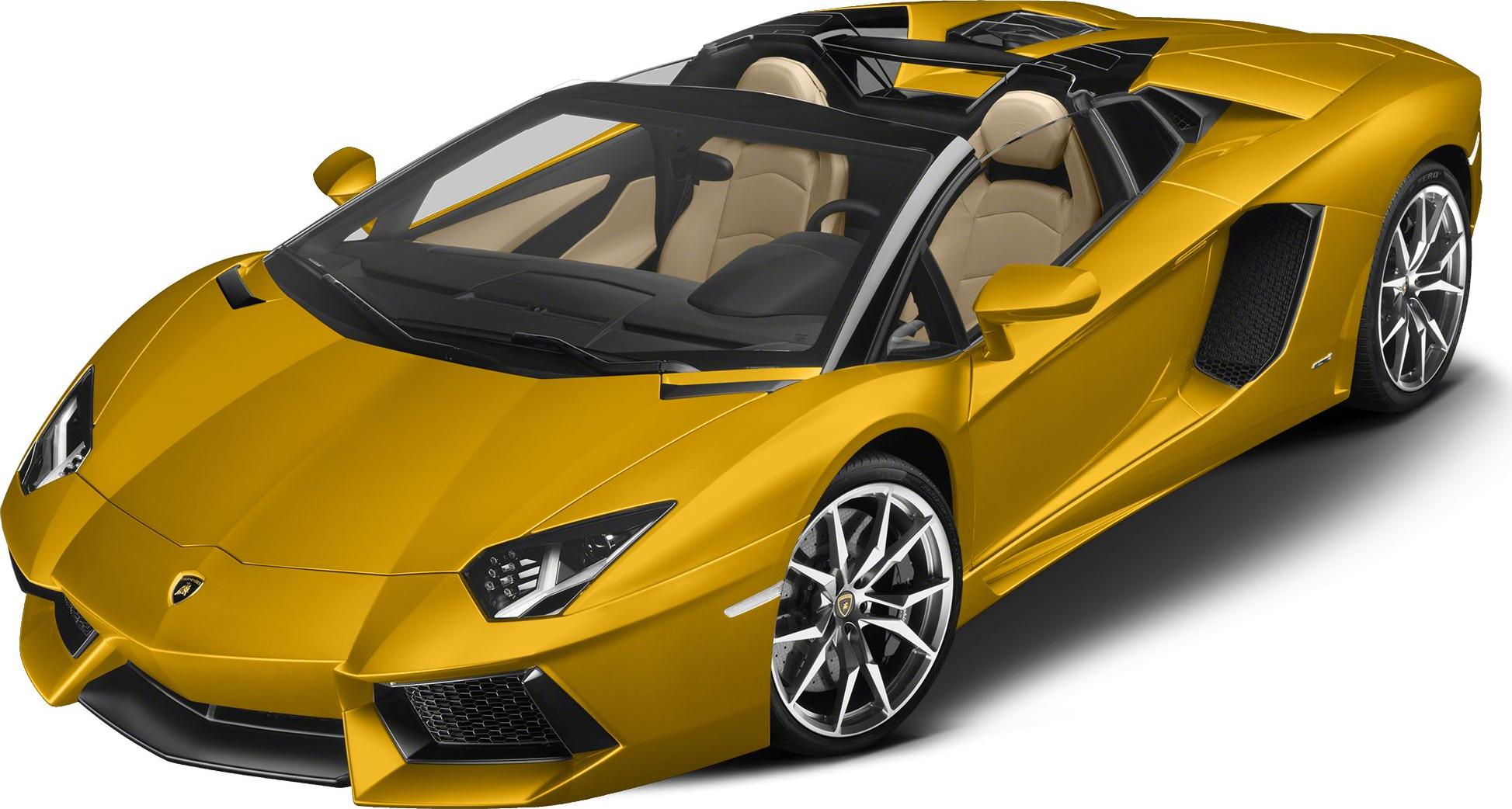 Front-side view of open-top sports car with angular headlights and luxury interior