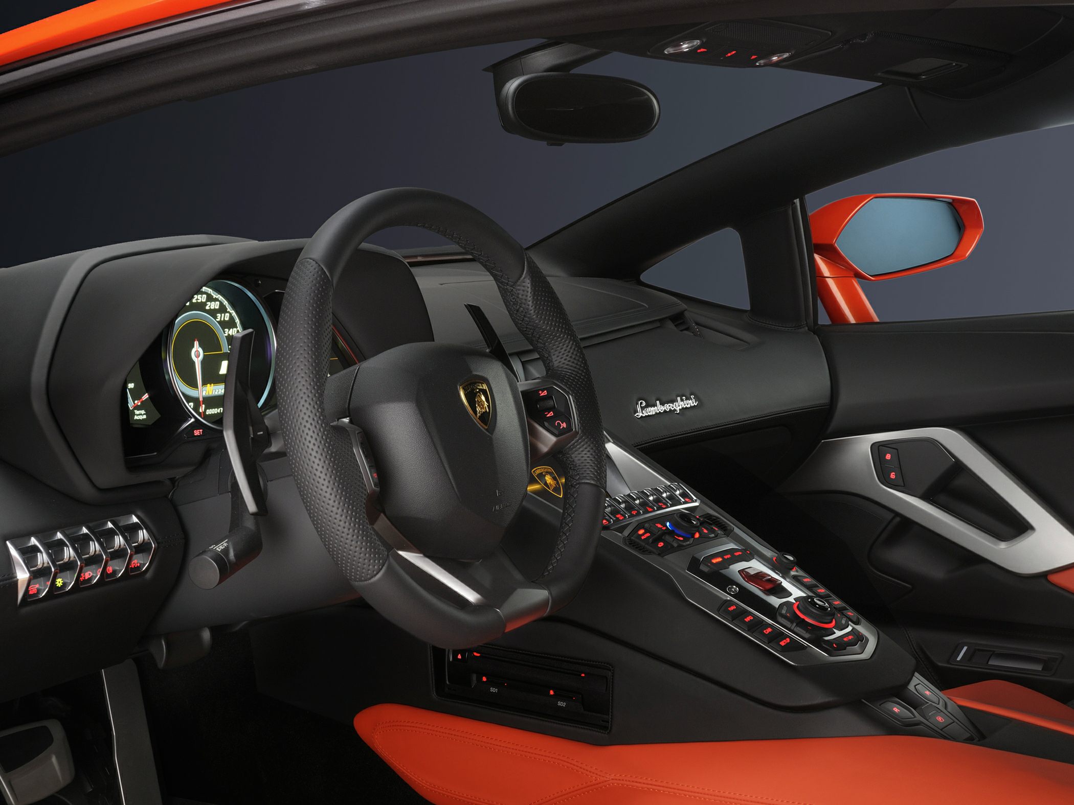 Luxury sports car interior with dashboard and steering wheel details