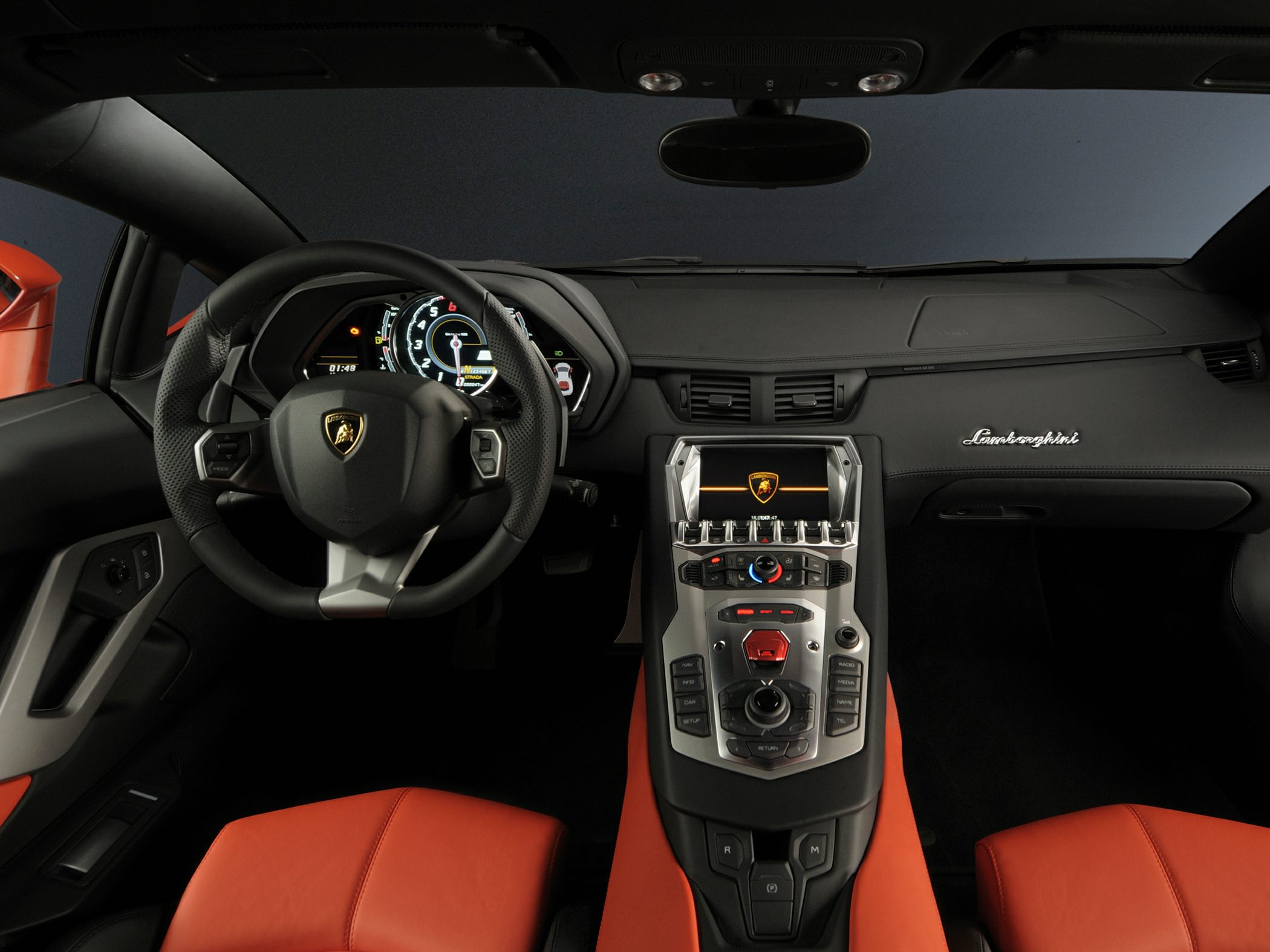 Luxury sports car interior with digital dashboard and leather seats