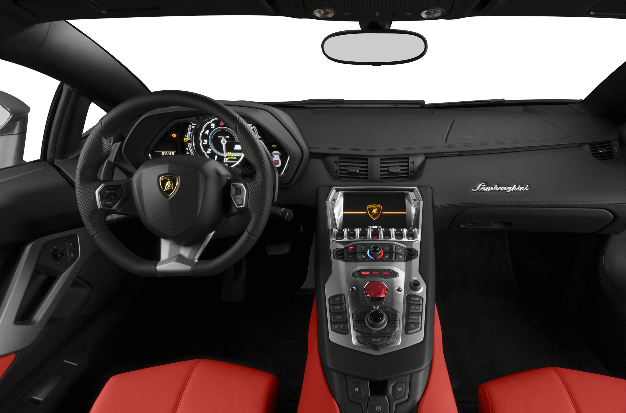 Luxury car interior with digital dashboard and futuristic center console