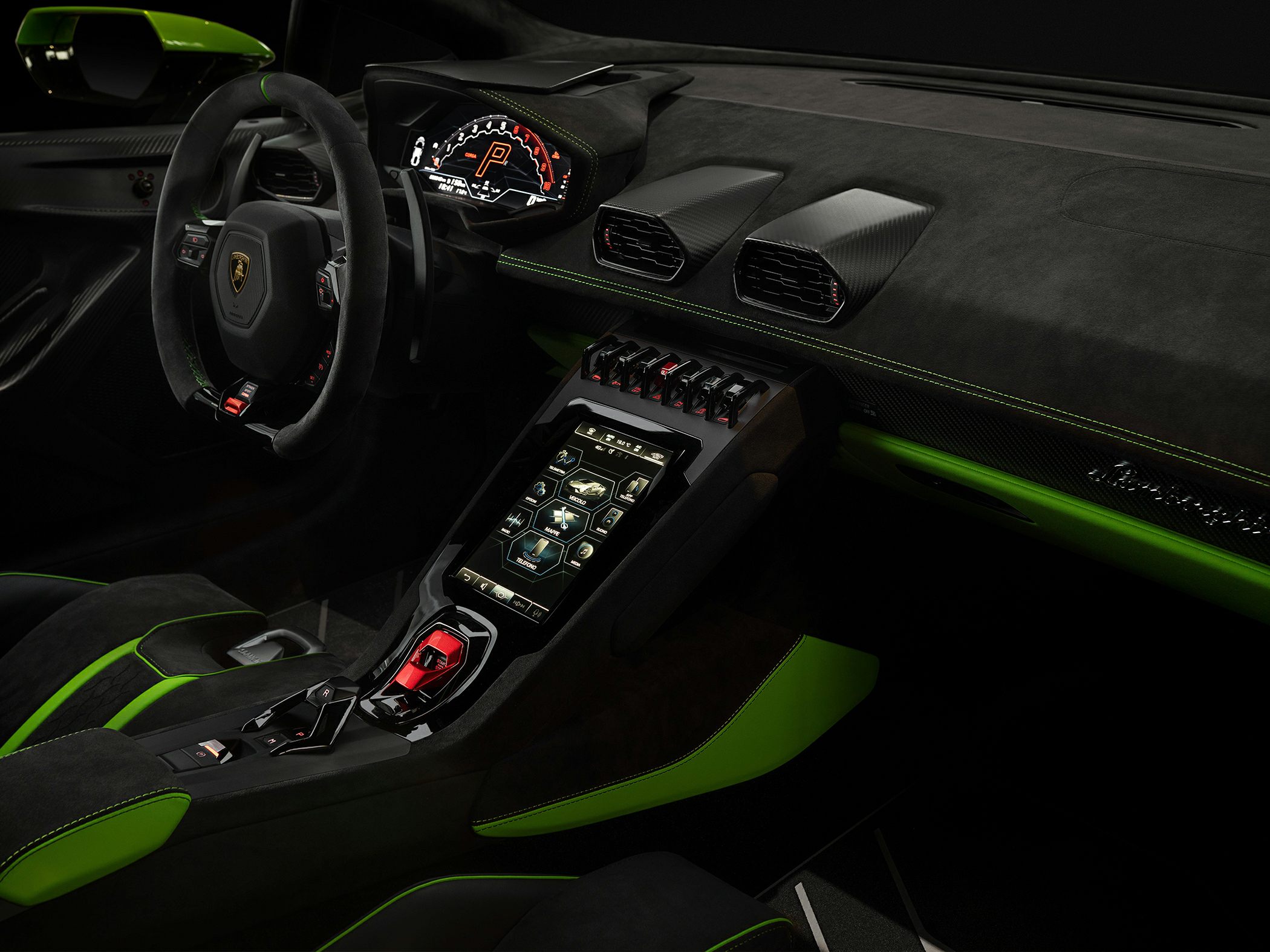 Black Alcantara interior with green accents, digital cockpit and central touchscreen.