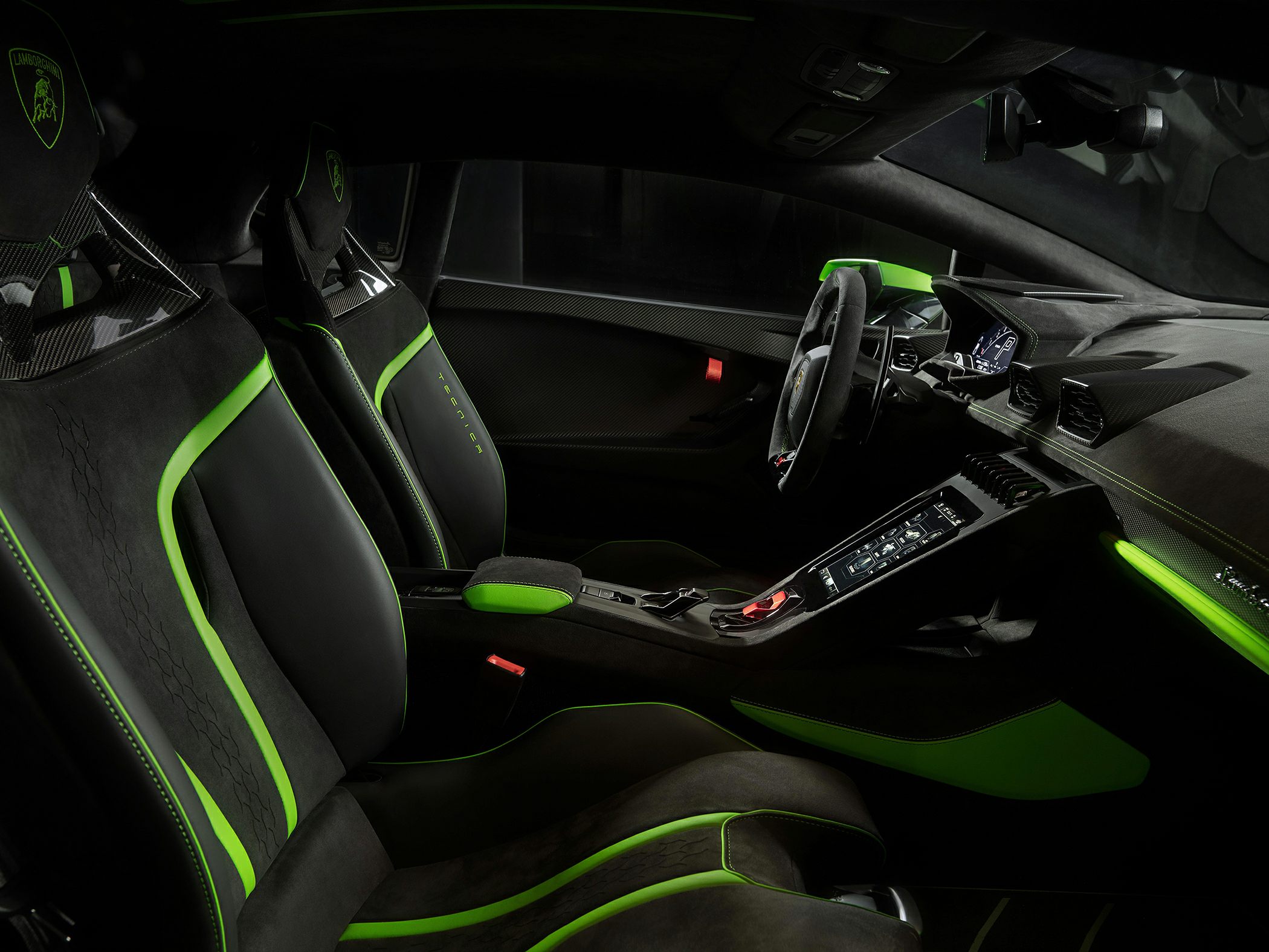 Sport seats with green accents and carbon fiber interior trim