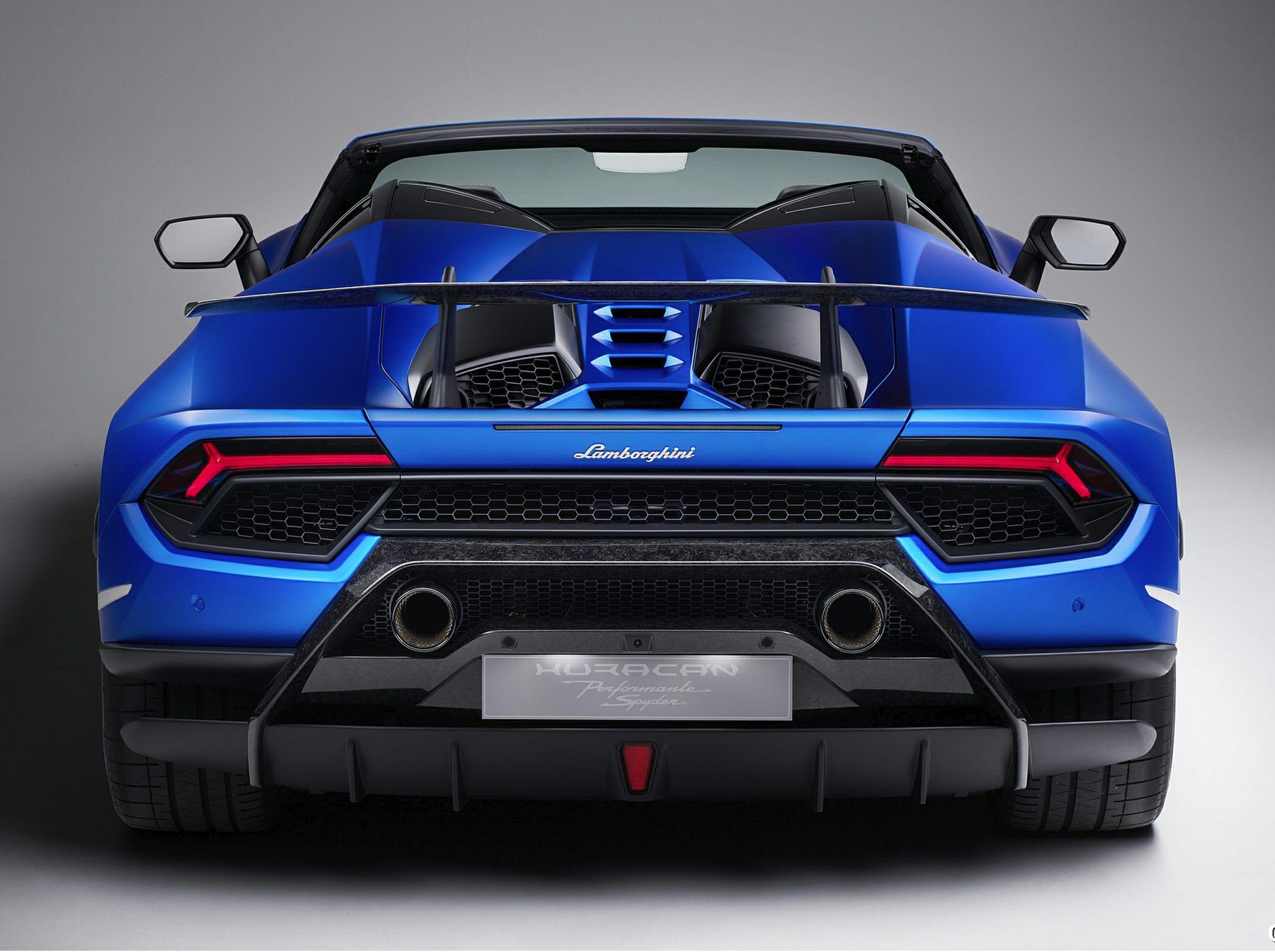 Rear view with prominent spoiler and dual exhaust pipes