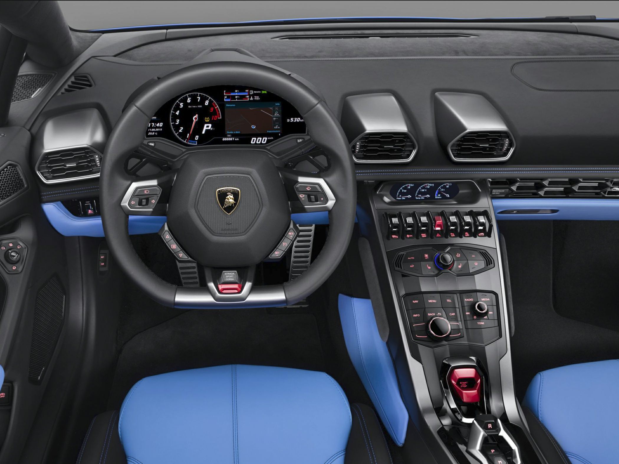 Steering wheel and high-tech dashboard with center console controls