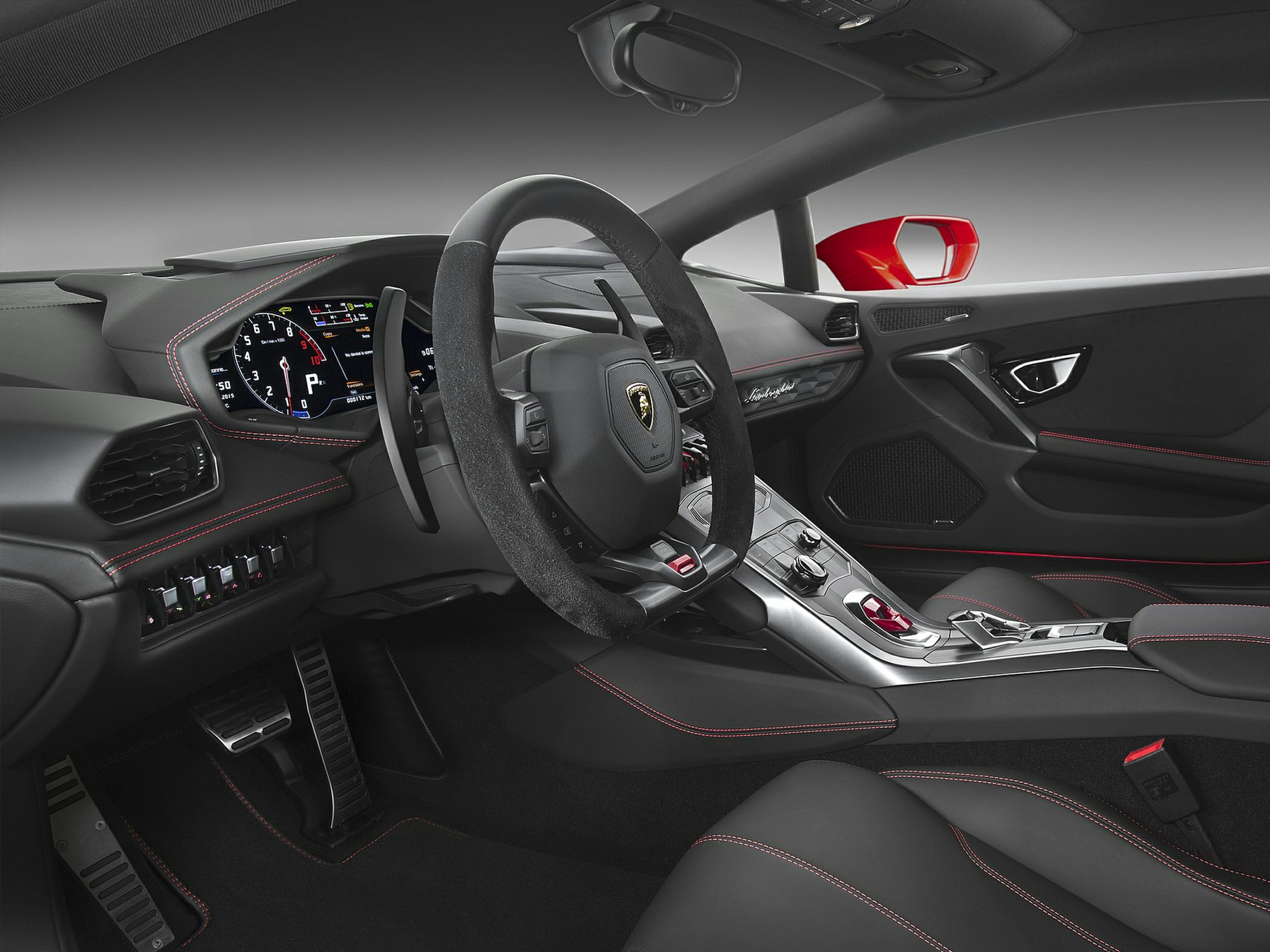 Luxury sports car interior with digital dashboard and premium black leather seats