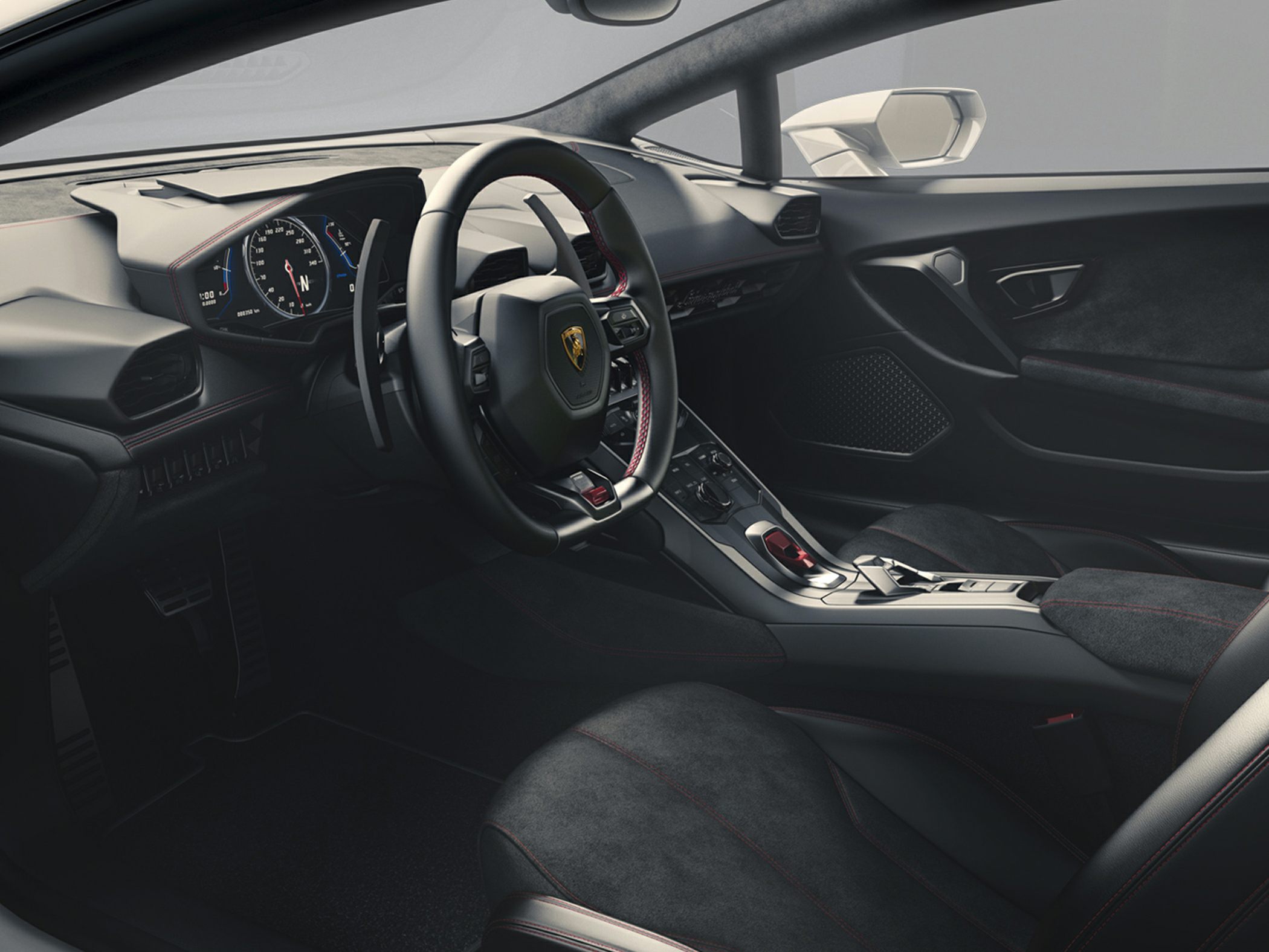 Luxury Lamborghini Huracan interior with cockpit and steering wheel