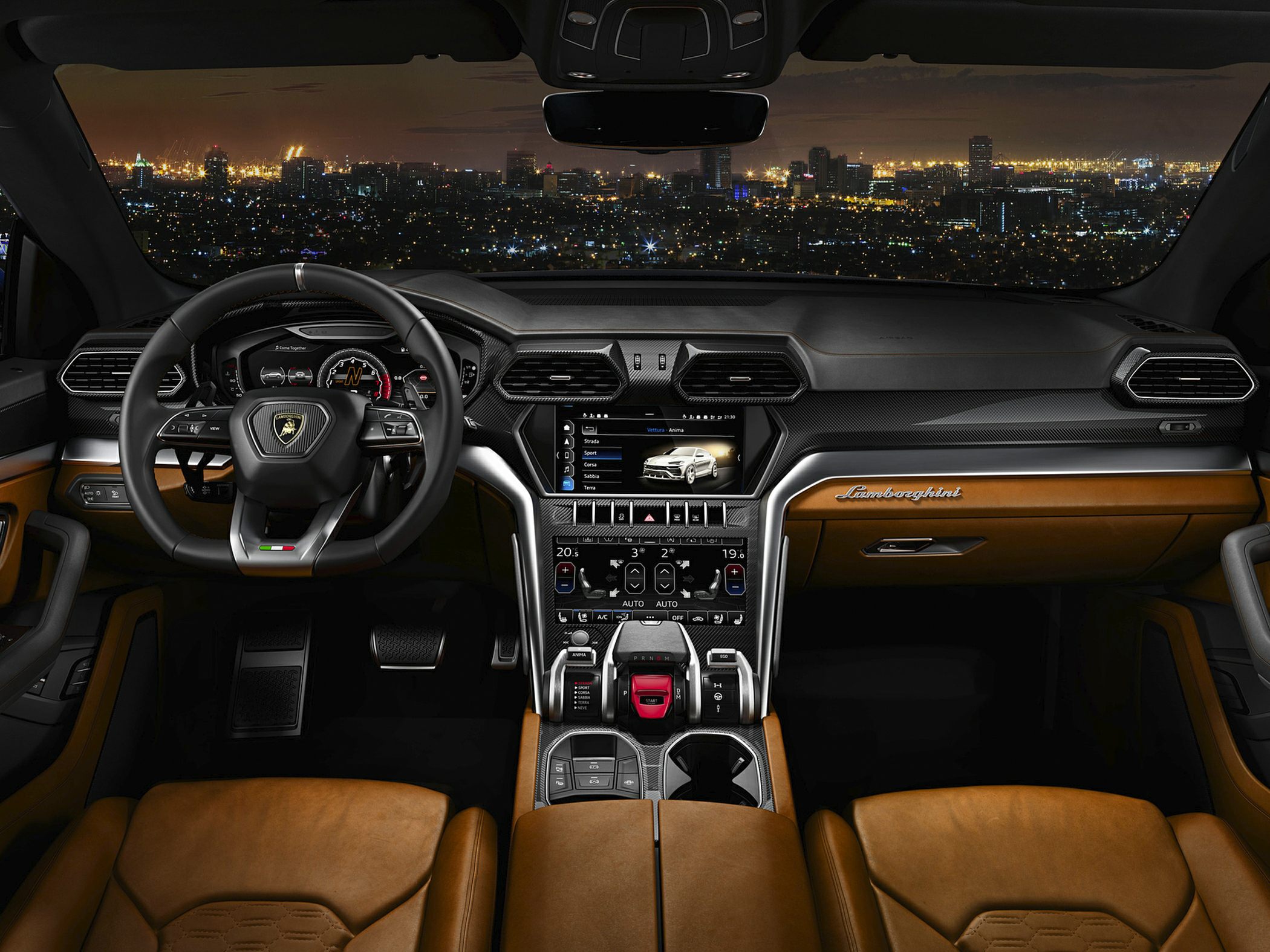 Luxury SUV interior with dashboard, steering wheel, infotainment display
