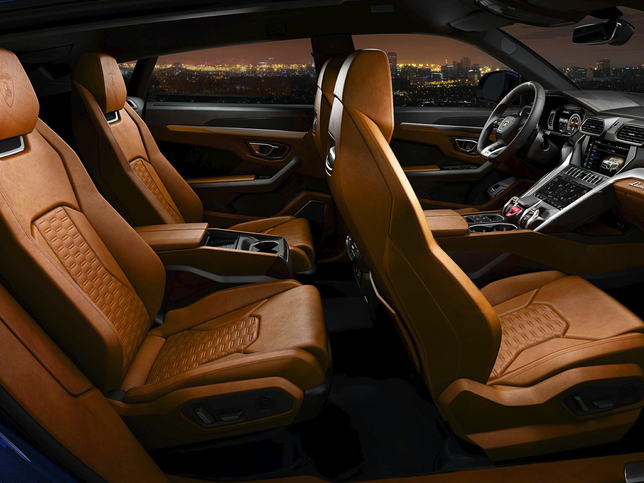 Luxury brown leather seats and advanced dashboard with city skyline view